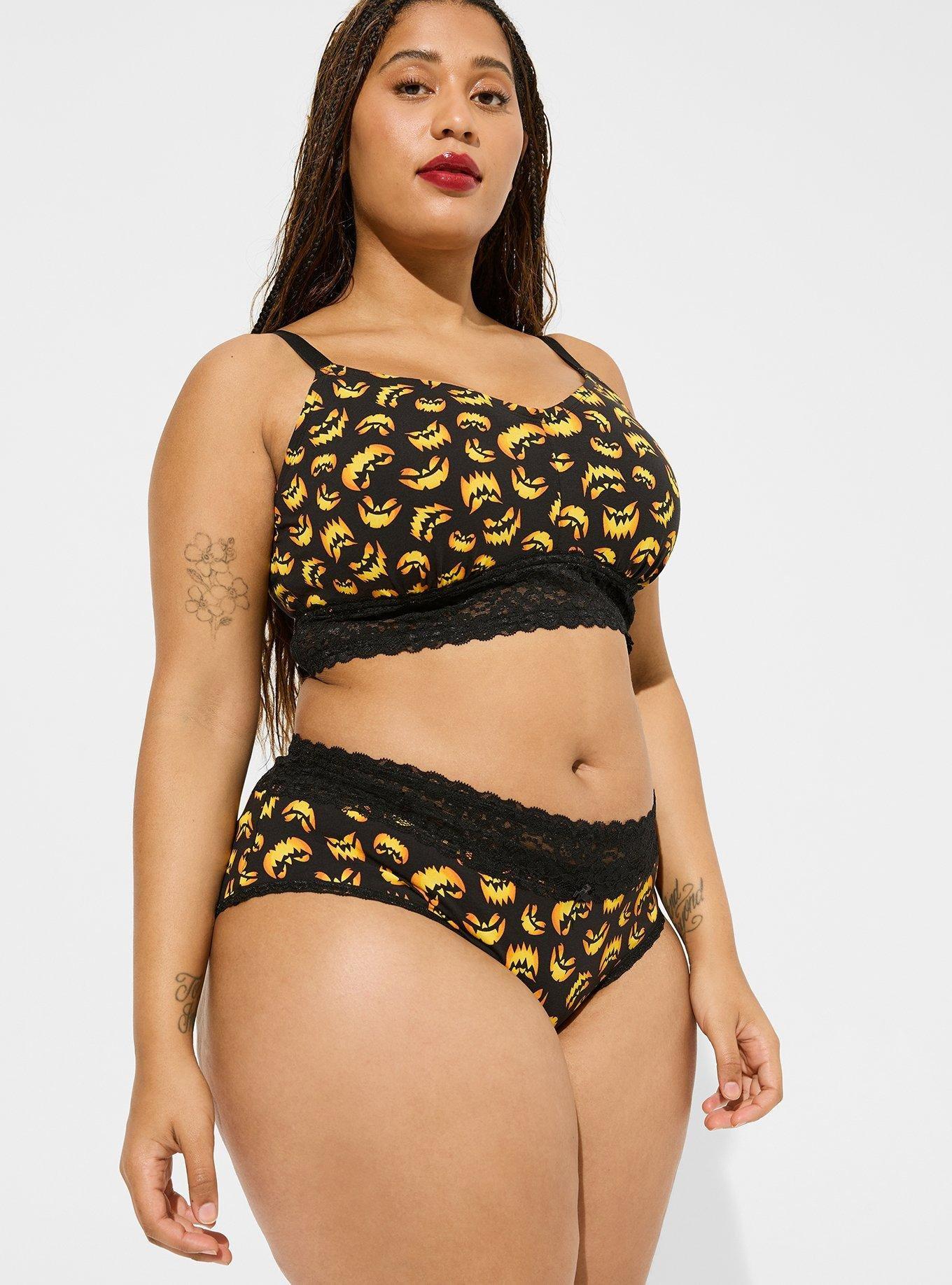 Lightly Lined Cotton Lace Hem Bralette, JACKOLANTERN FACES BLACK, alternate