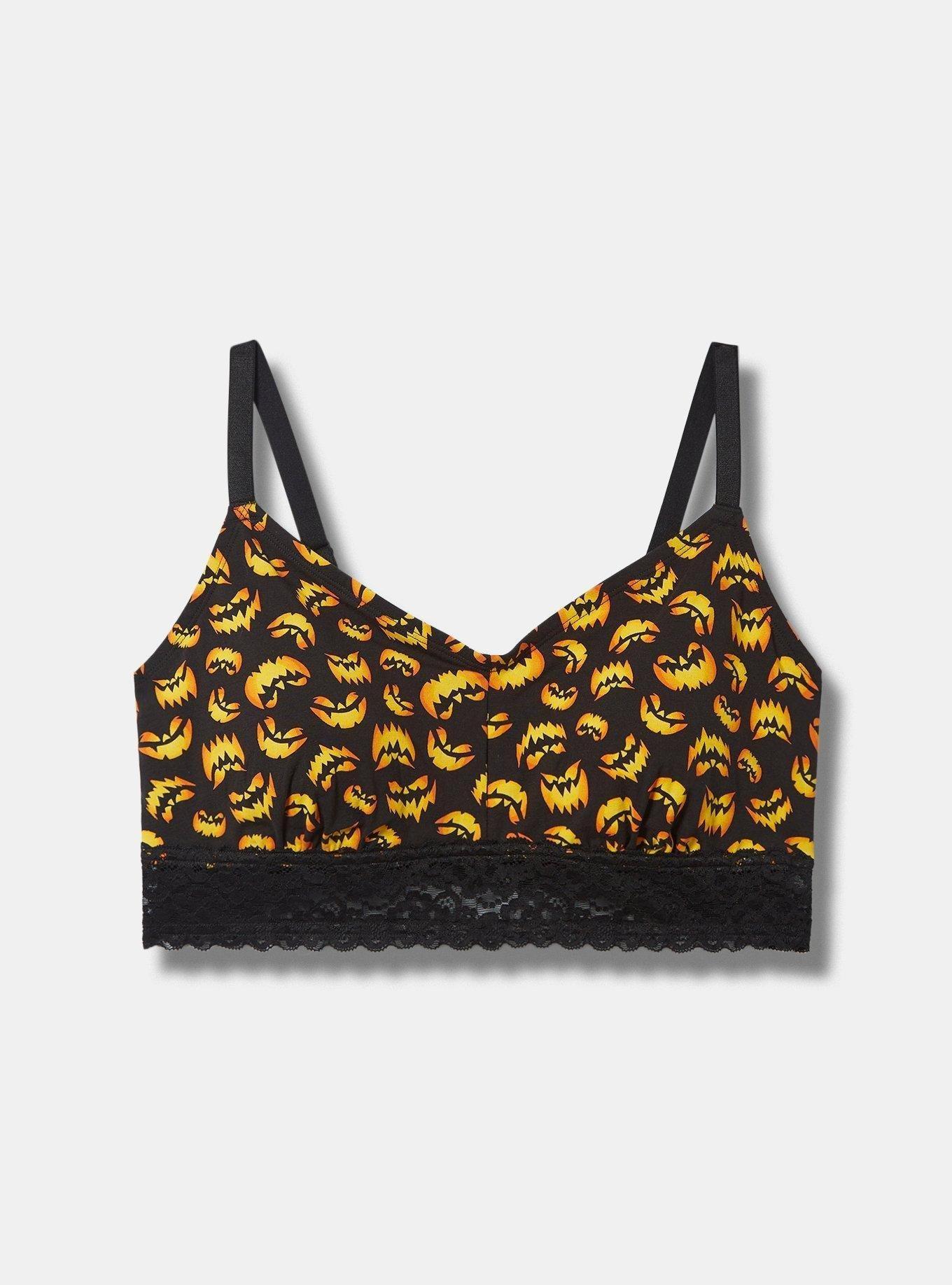 Lightly Lined Cotton Lace Hem Bralette, JACKOLANTERN FACES BLACK, hi-res