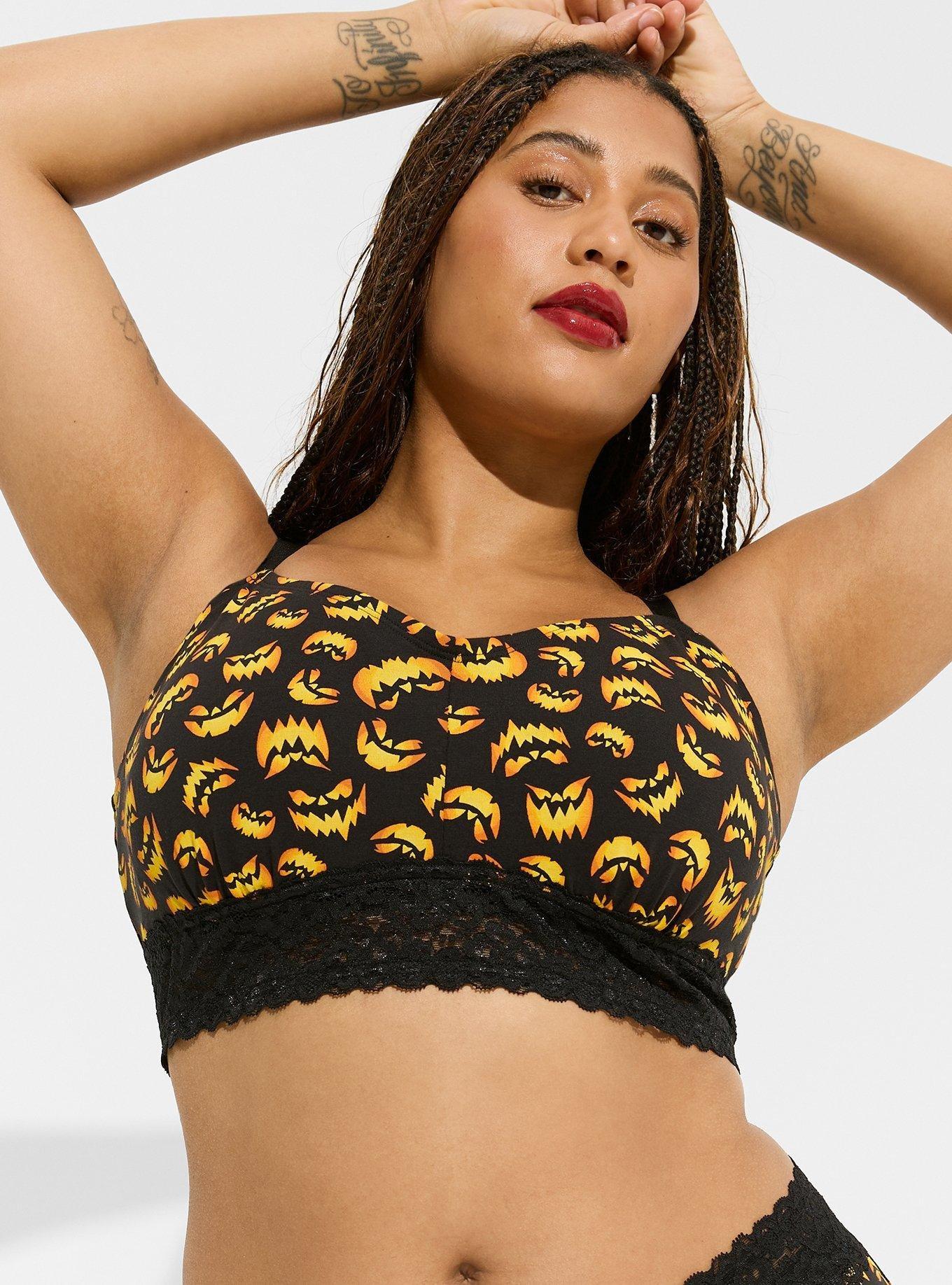 Lightly Lined Cotton Lace Hem Bralette, JACKOLANTERN FACES BLACK, hi-res