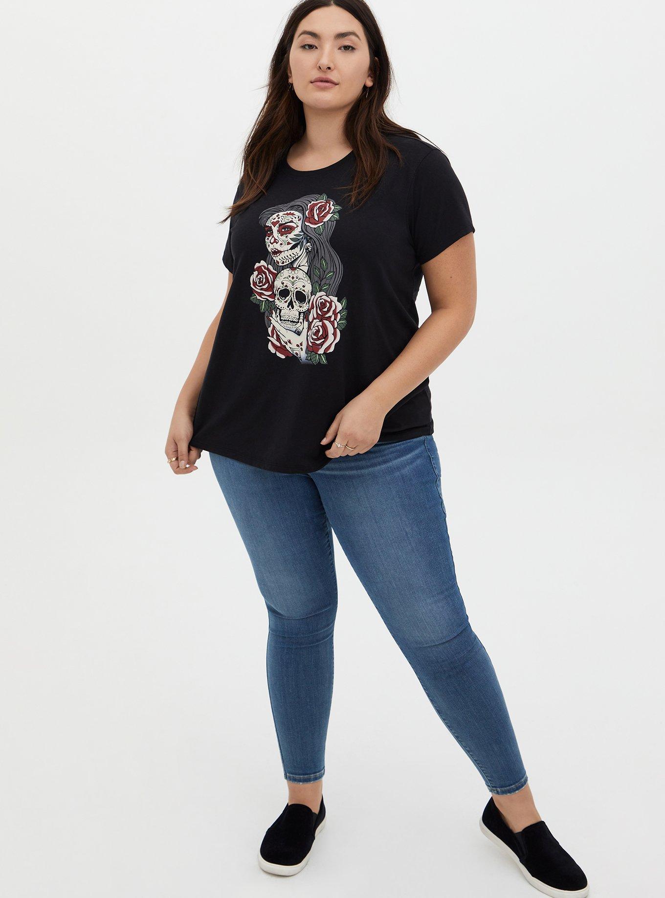 Plus Size Tattoo Skull Lady Relaxed Fit Crew Tee - Black , DEEP BLACK, alternate