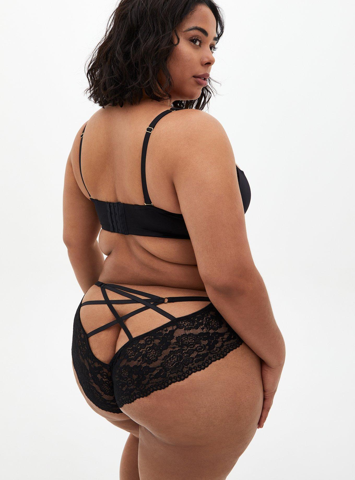 Plus Size Microfiber Hipster Panty With Lace Cage Back, RICH BLACK, alternate