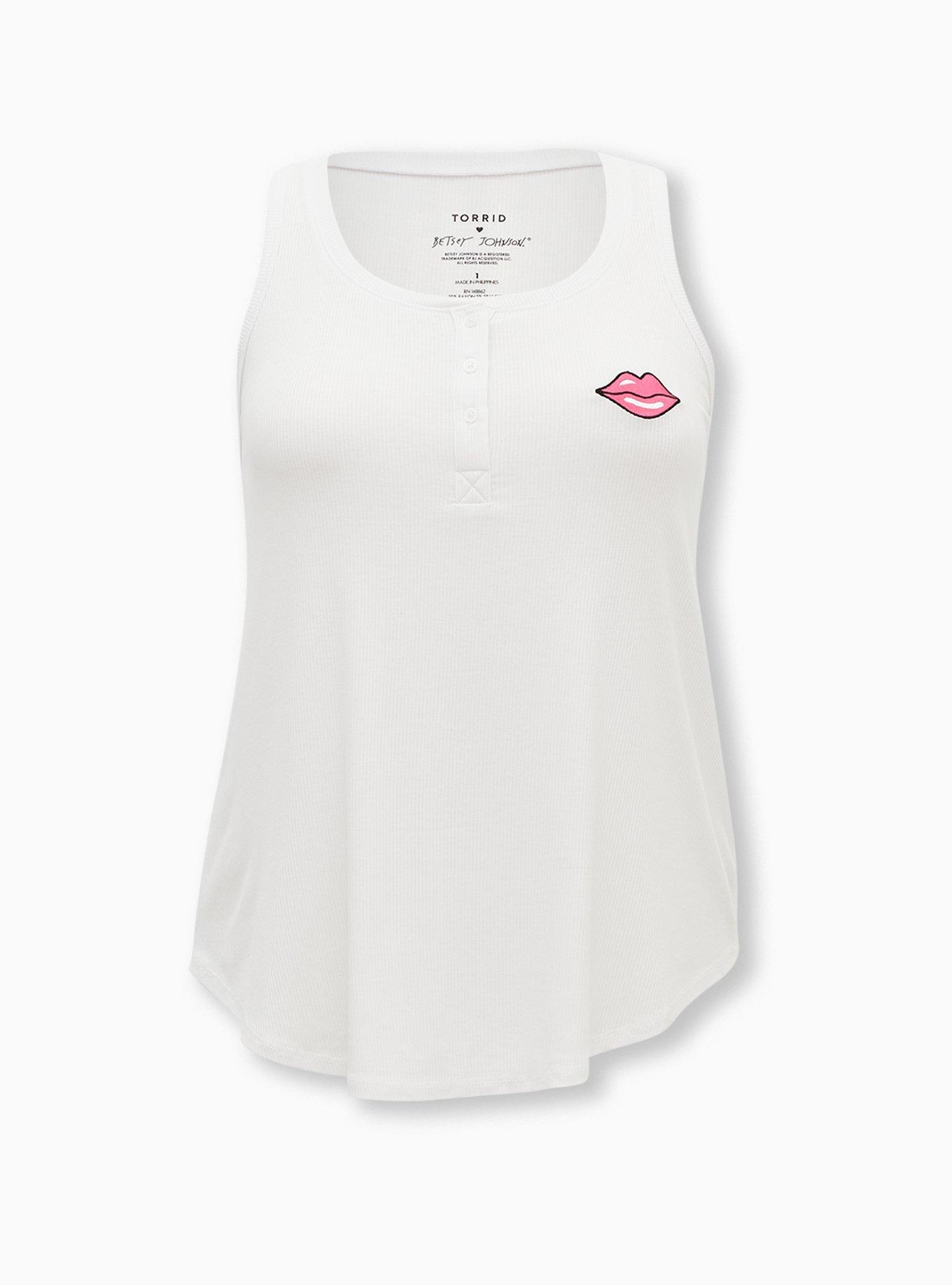 Plus Size Betsey Johnson Super Soft Rib White Lips Sleep Henley Tank , WHITE, hi-res