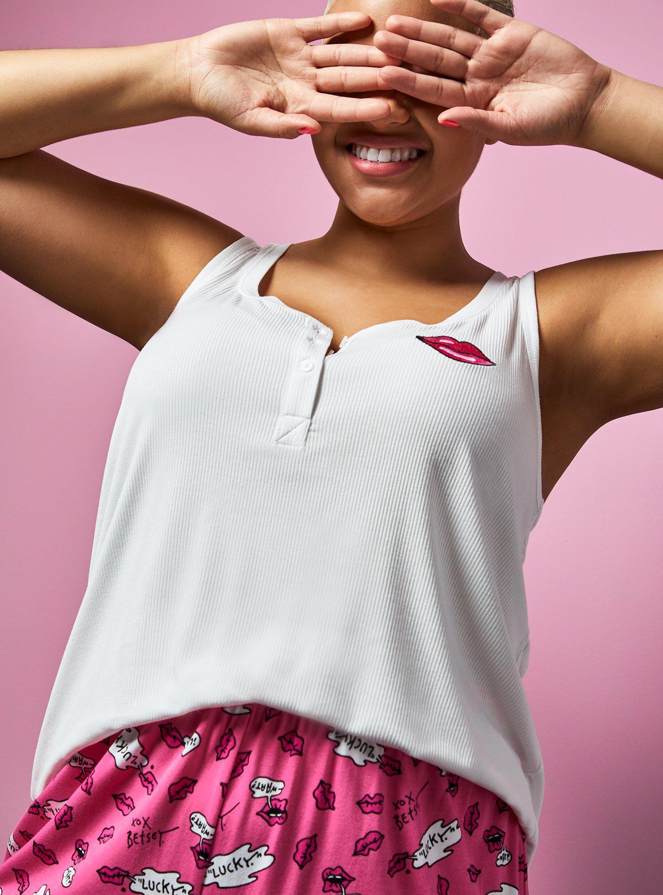 Plus Size Betsey Johnson Super Soft Rib White Lips Sleep Henley Tank , WHITE, hi-res