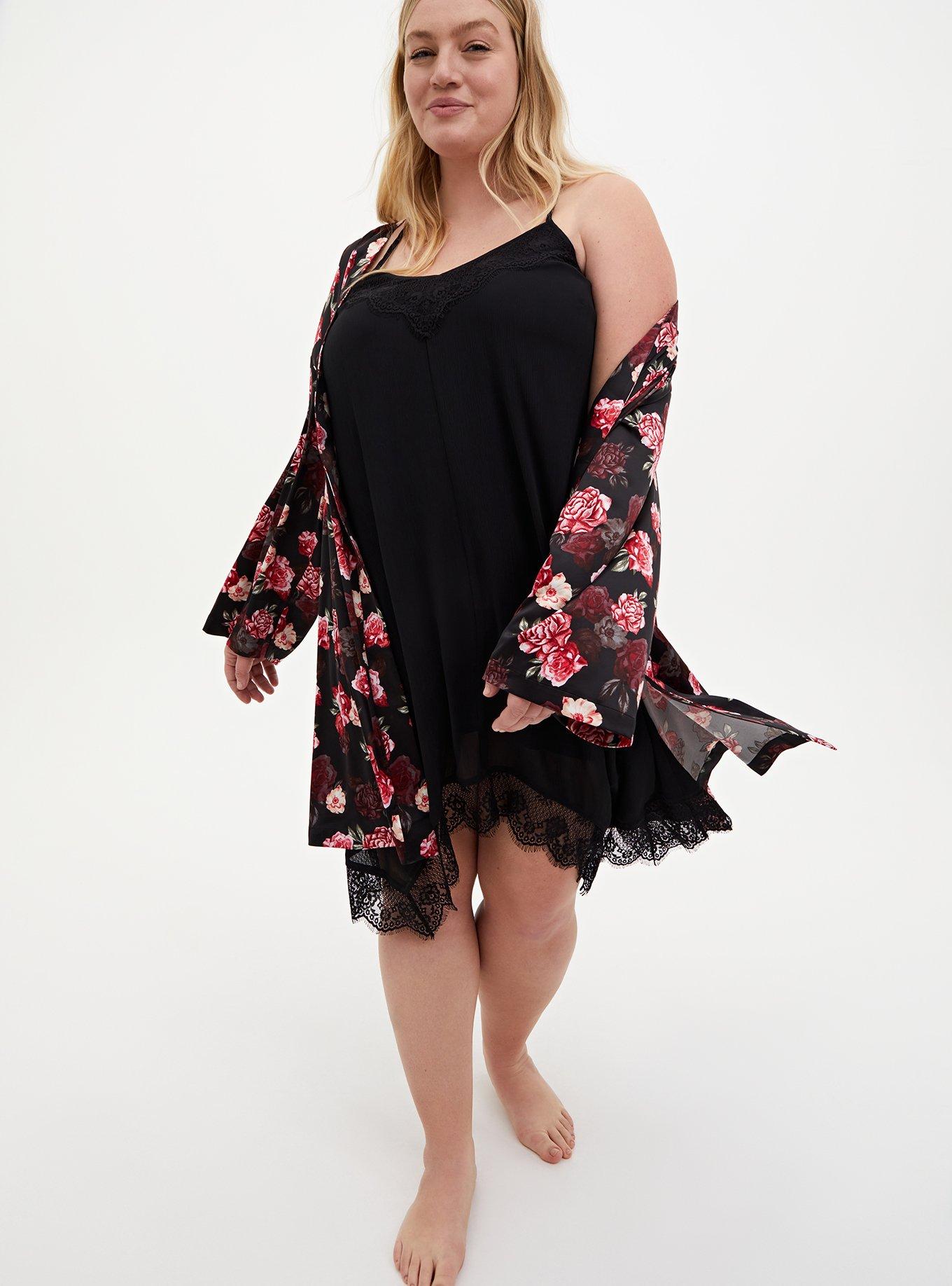 Crinkle Chiffon Lace Hem Sleep Gown, DEEP BLACK, alternate