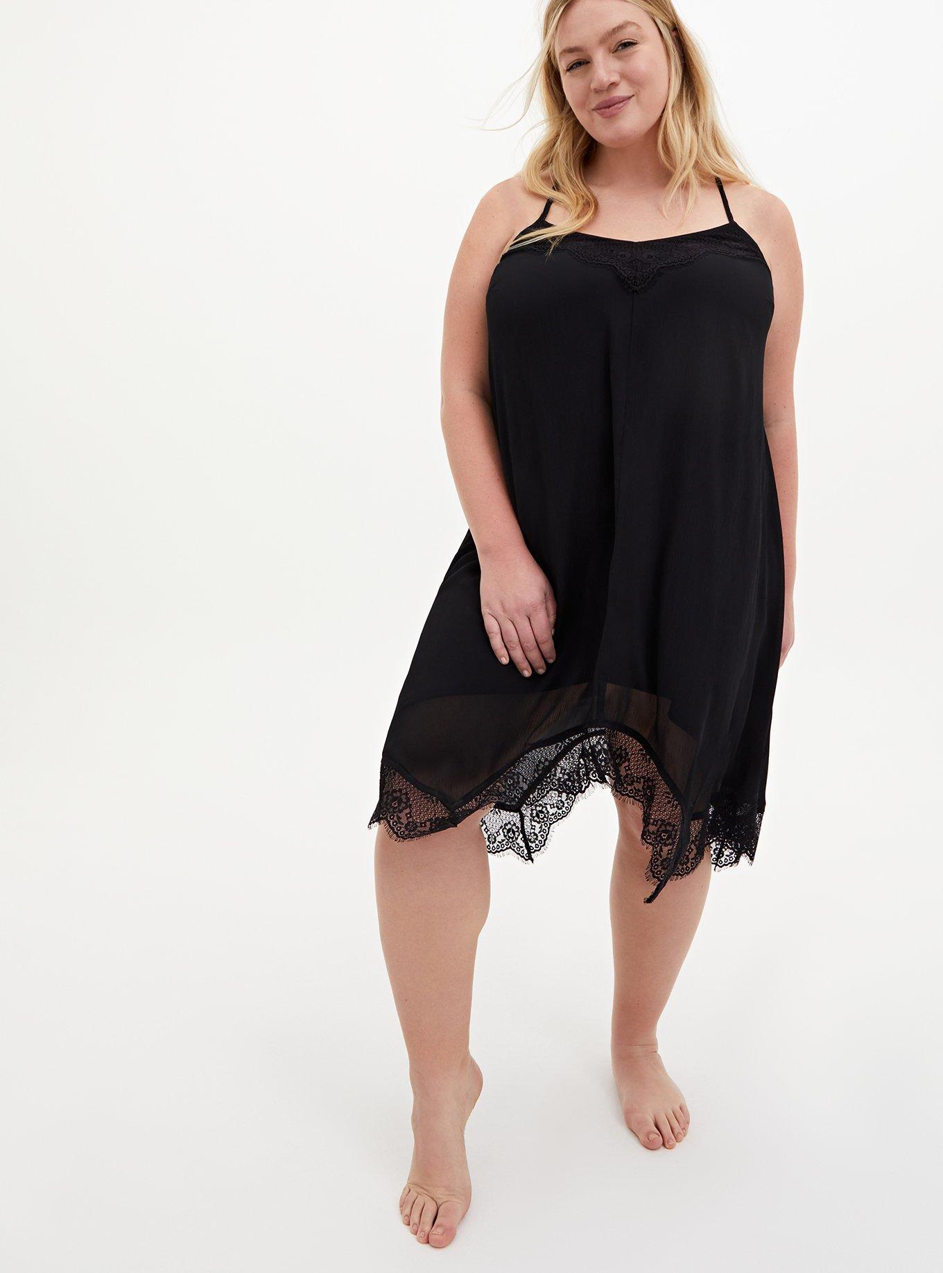 Crinkle Chiffon Lace Hem Sleep Gown, DEEP BLACK, hi-res
