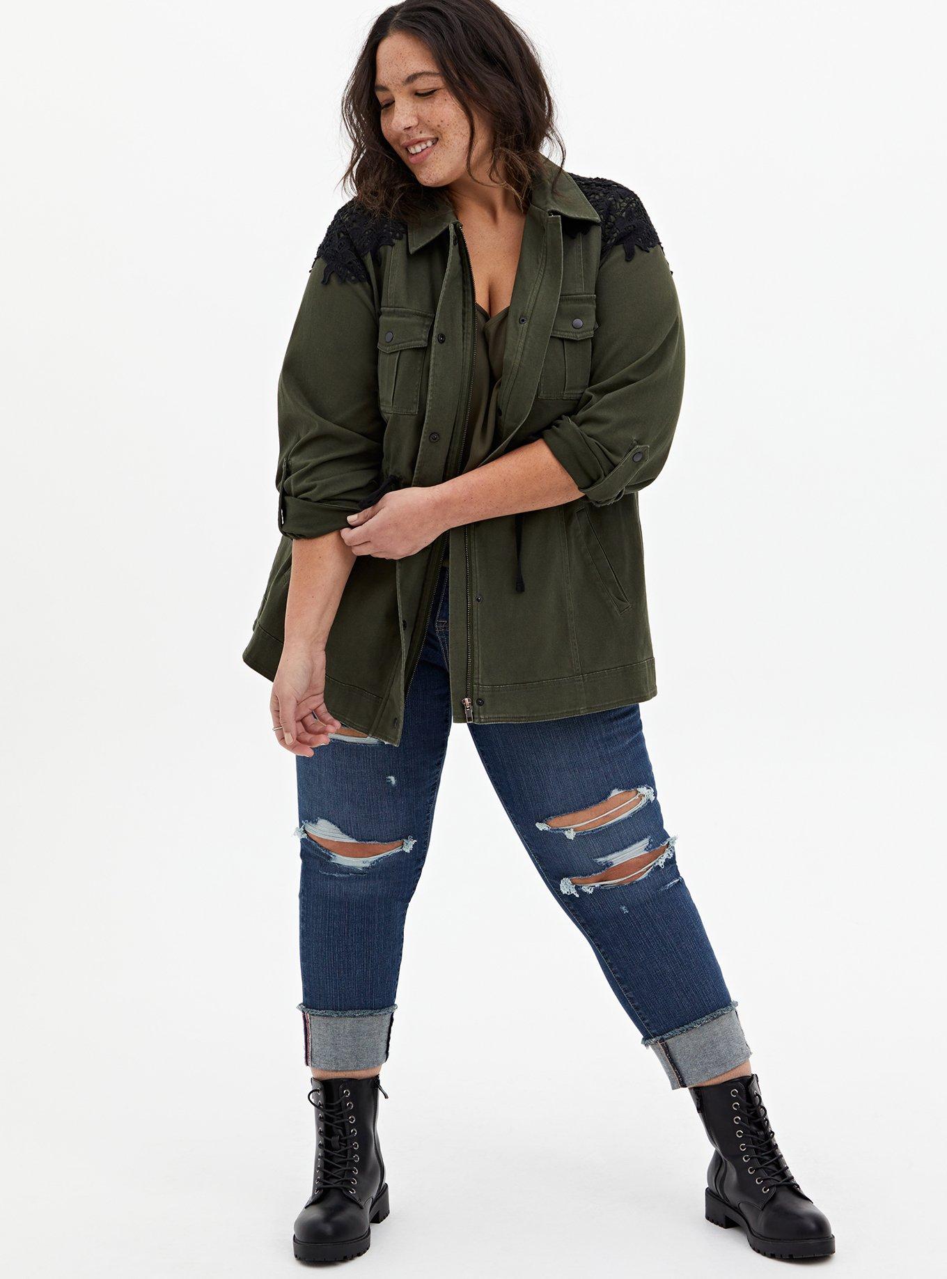 Plus Size - Olive Green & Black Lace Twill Anorak - Torrid