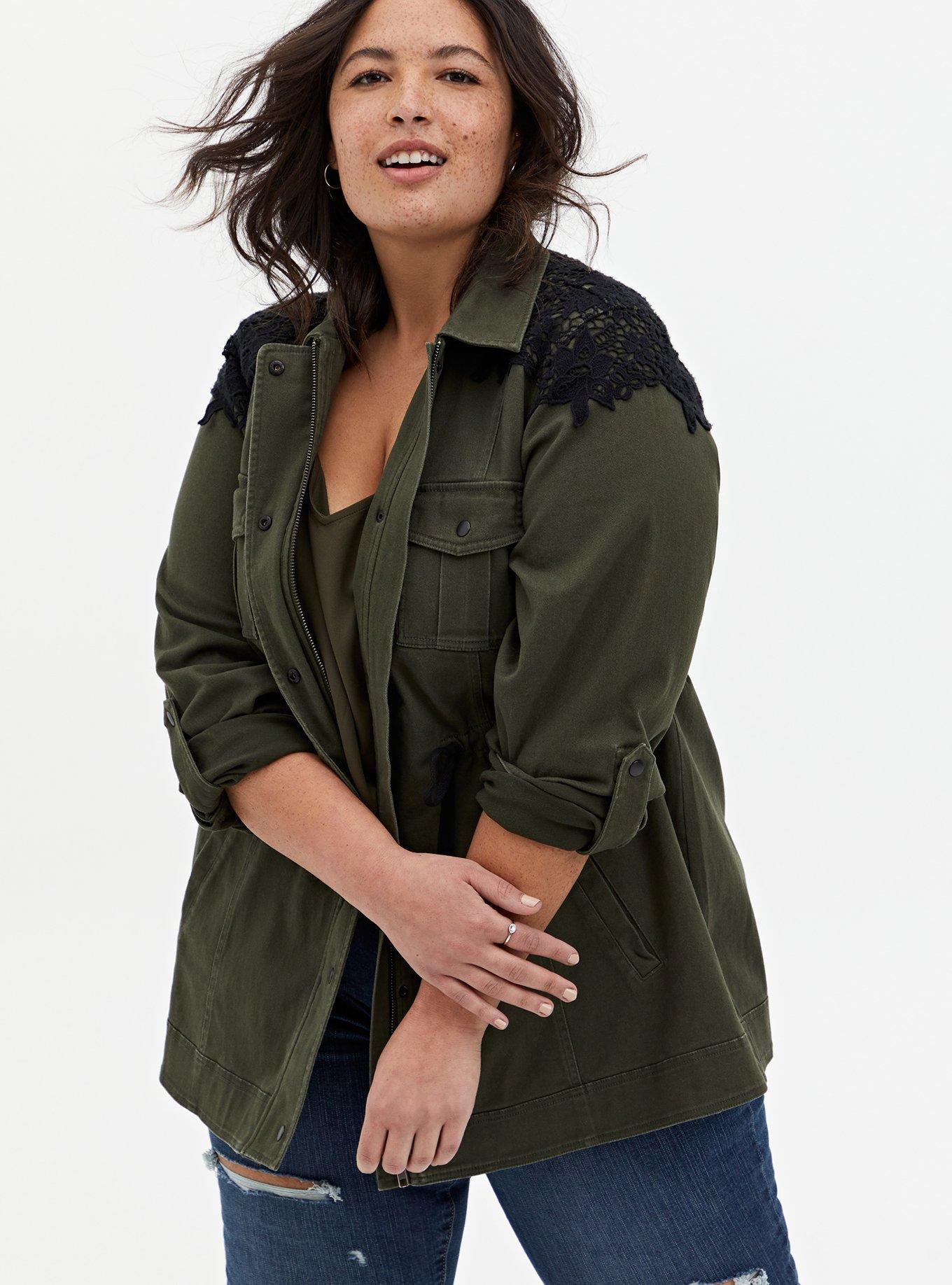 Plus Size - Olive Green & Black Lace Twill Anorak - Torrid