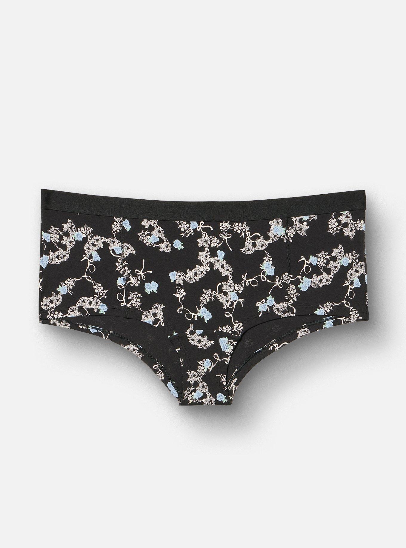 Plus Size Cotton Mid-Rise Boyshort Panty, ROSE BOWS RICH BLACK BLUE, hi-res