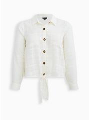 Ivory Cotton Tie Front Midi Shirt , VANILLA ICE, hi-res