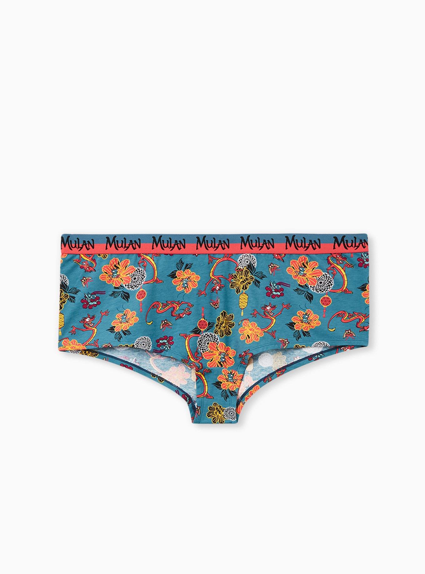 Plus Size  Disney Pixar Mulan Mushu & Cri-Kee Flower Teal Cotton Boyshort Panty, MULTI, hi-res