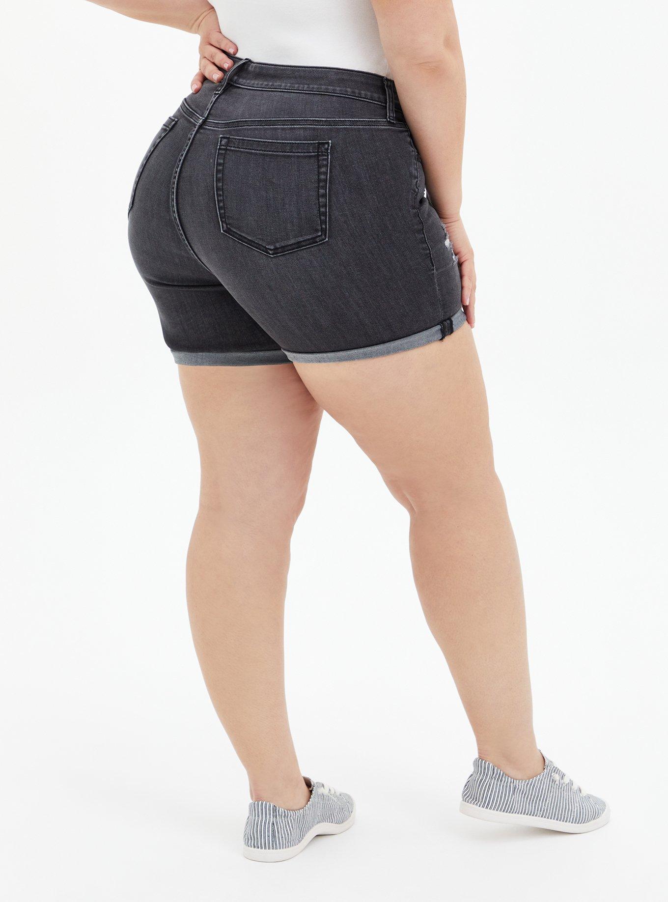 Plus Size Stretch Denim High Rise Shorts With Single Fold Hem, 1X