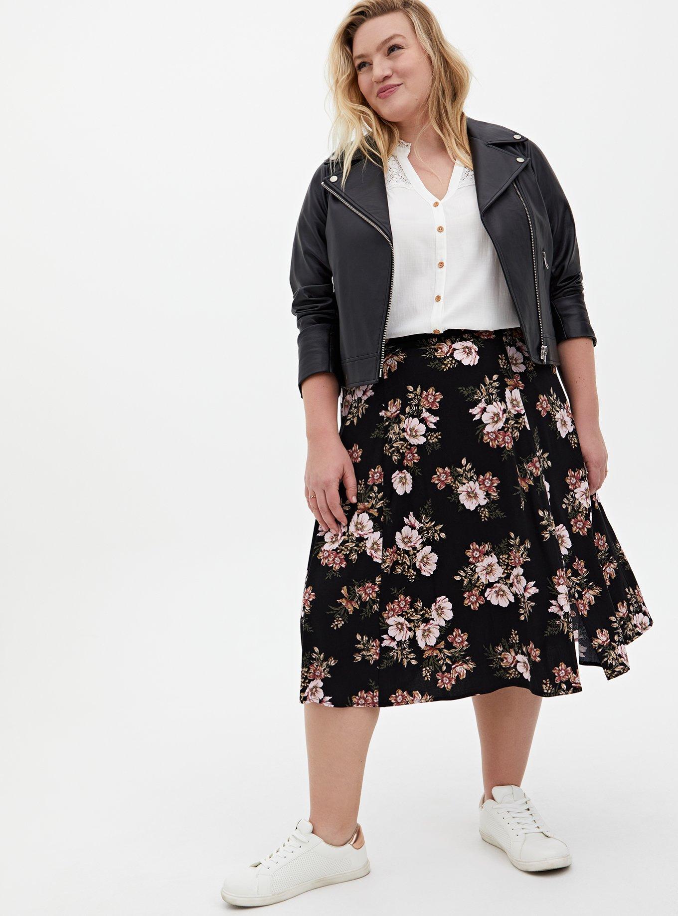 Floral Skirt A Line Midi Skirt Xxl Plus Size Black Floral Stretch
