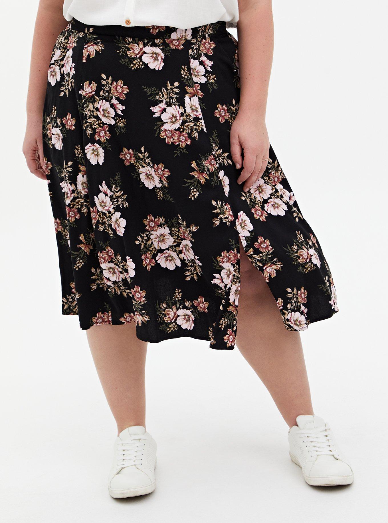 Plus Size - Black Floral Stretch Challis Slit A-Line Midi