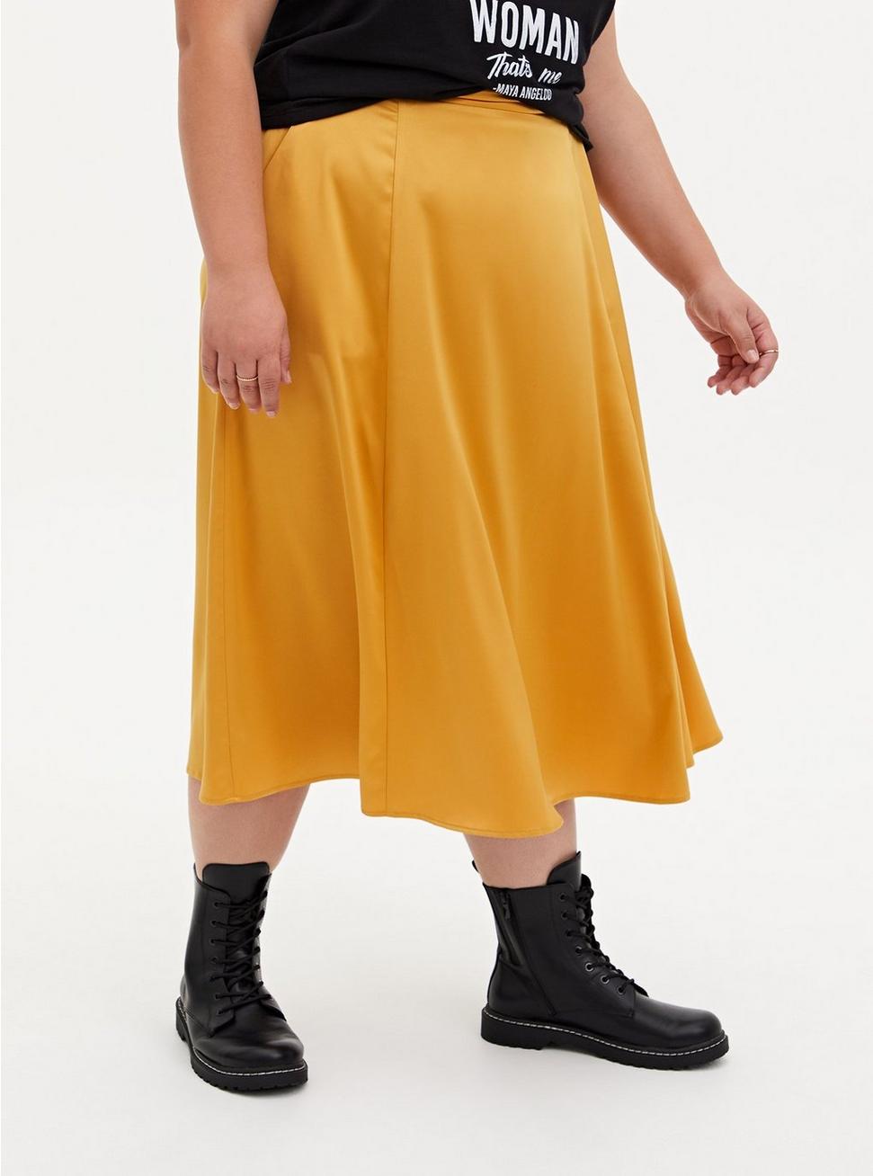 Golden Yellow Satin Tea Length Skirt, GOLD, hi-res