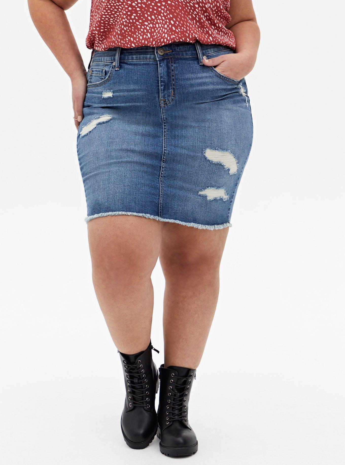 Plus Size Denim Mini Skirt - Distressed Light Wash, , hi-res