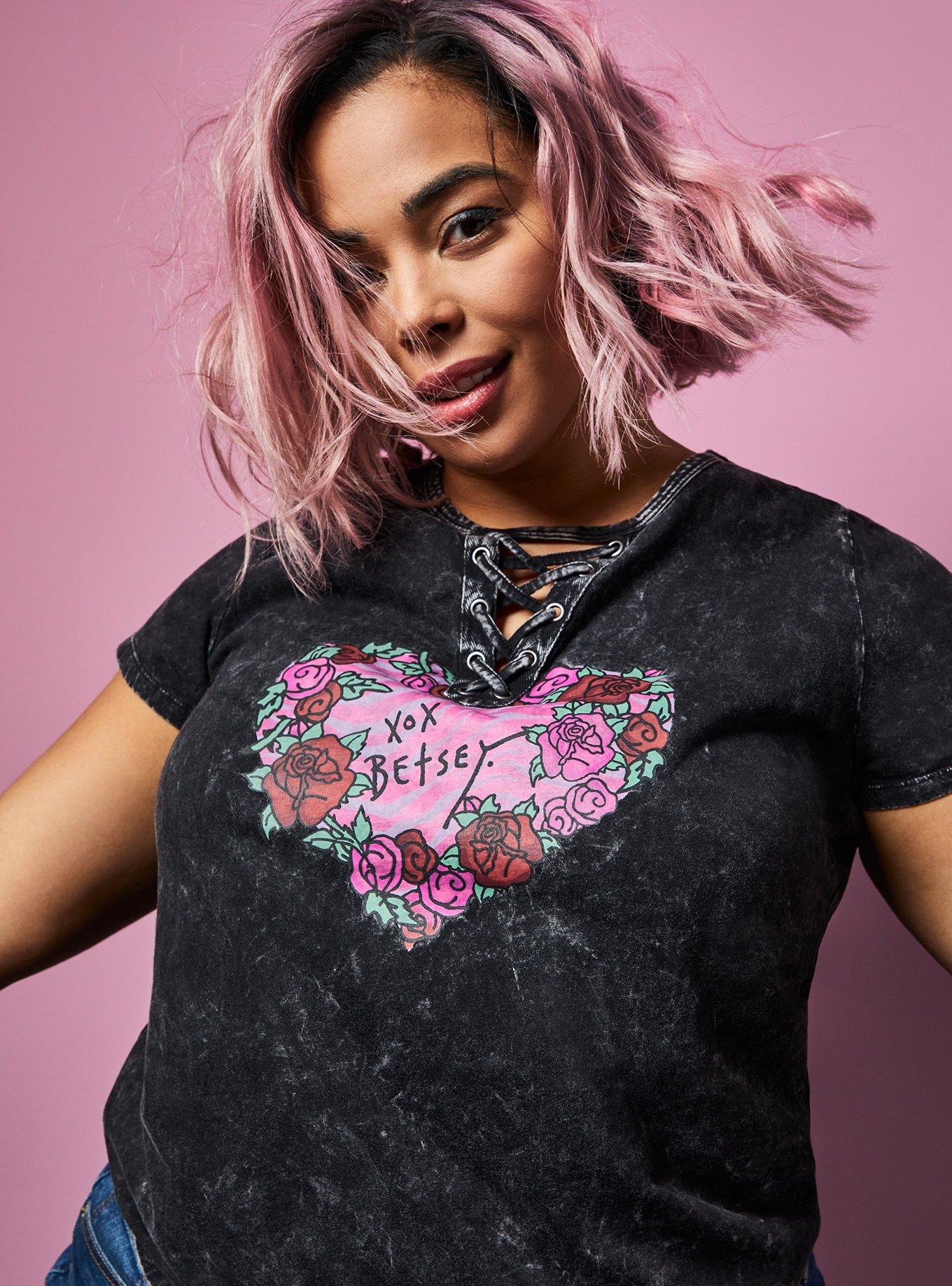Plus Size Betsey Johnson Heart Black Mineral Wash Lace Up Tee Torrid