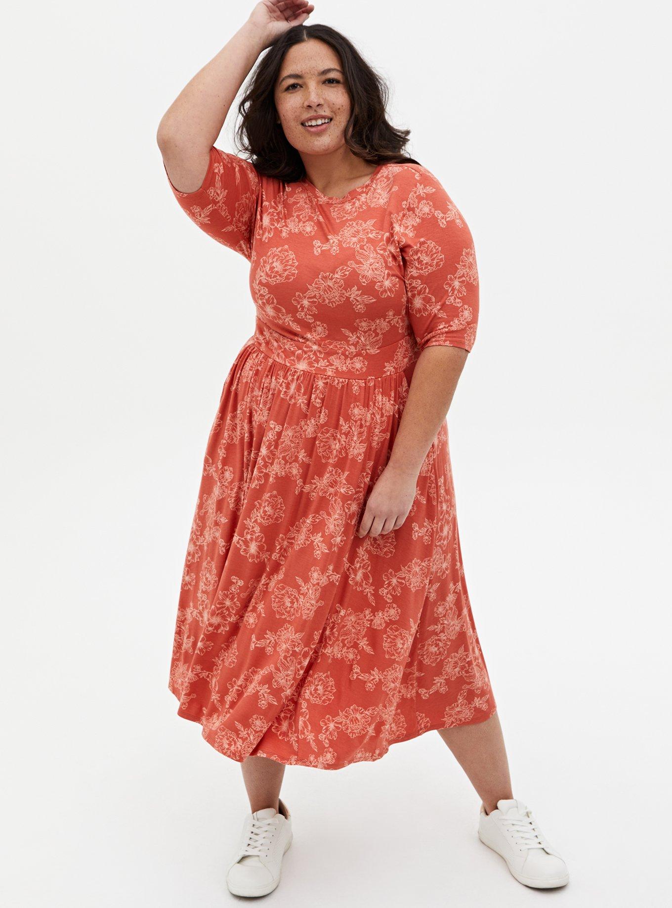 Plus Size Super Soft Apricot Floral Skater Midi Dress Torrid