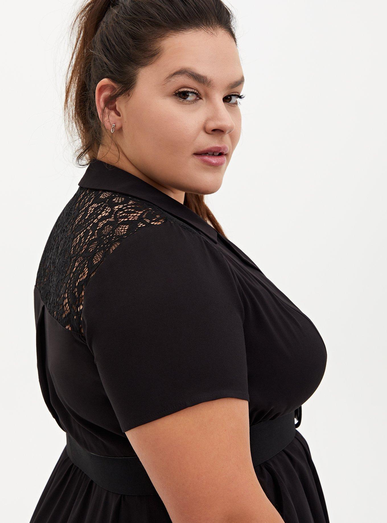 Plus Size Black Stretch Challis Lace Midi Shirt Dress, DEEP BLACK, alternate