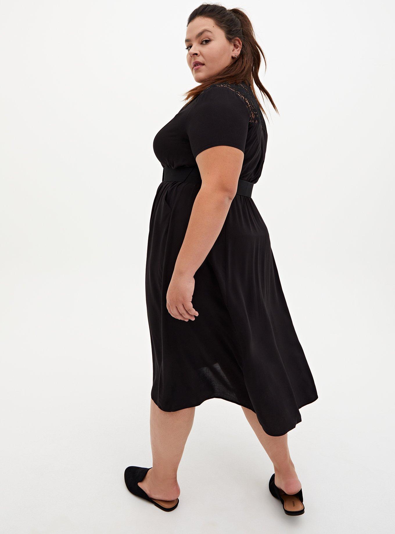 Plus Size - Black Stretch Challis Lace Midi Shirt Dress - Torrid