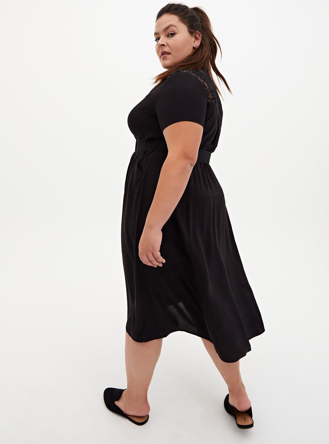 Plus Size Black Stretch Challis Lace Midi Shirt Dress, DEEP BLACK, alternate