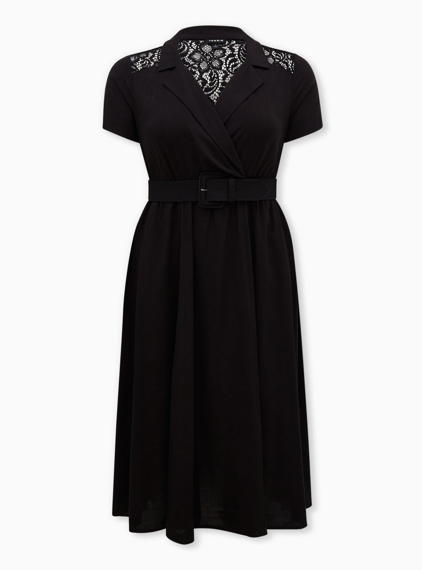 Plus Size Black Stretch Challis Lace Midi Shirt Dress, DEEP BLACK, hi-res