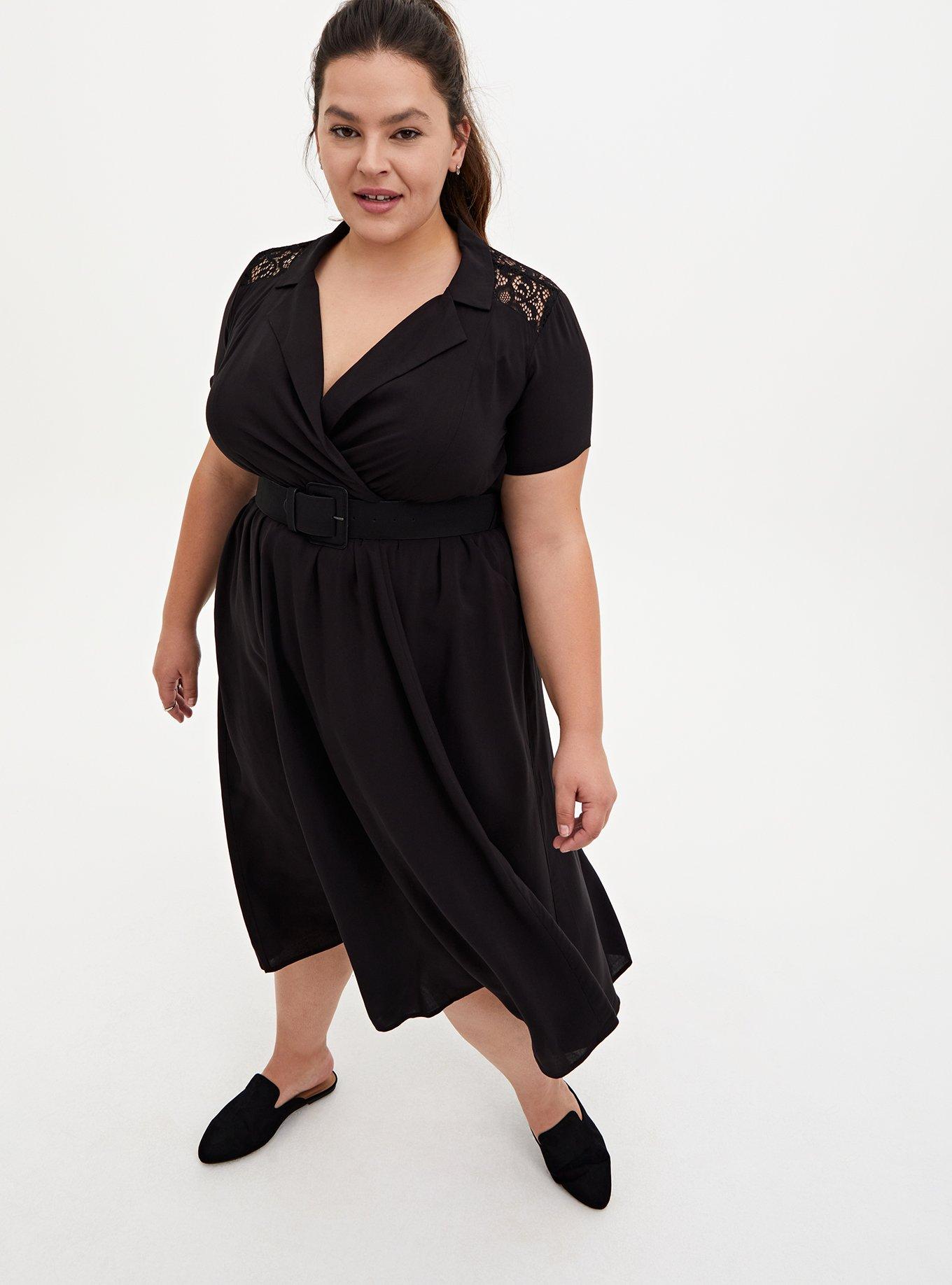 Plus Size Black Stretch Challis Lace Midi Shirt Dress, DEEP BLACK, hi-res