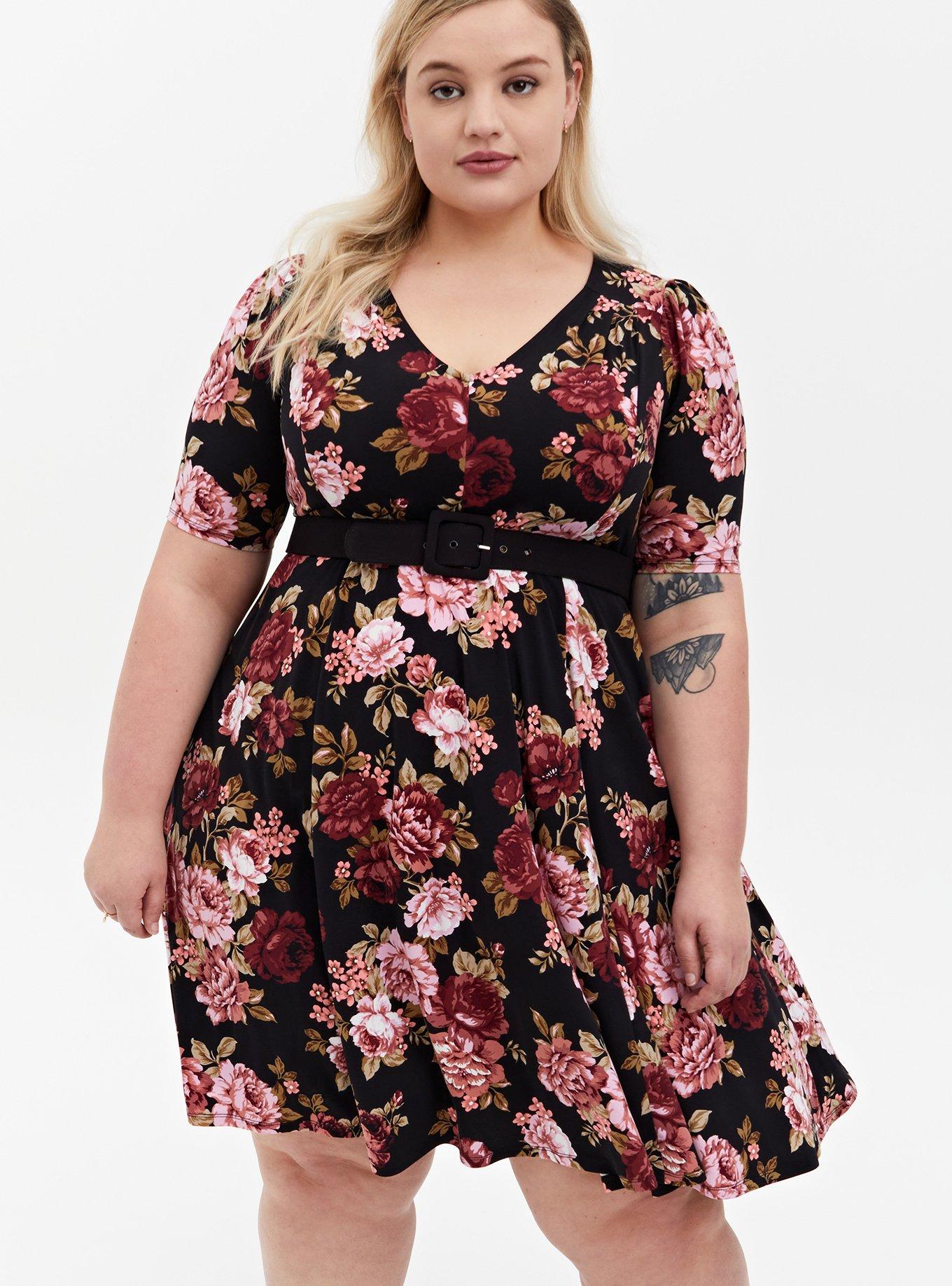 Plus Size - Black Floral Studio Knit Belted Skater Dress - Torrid