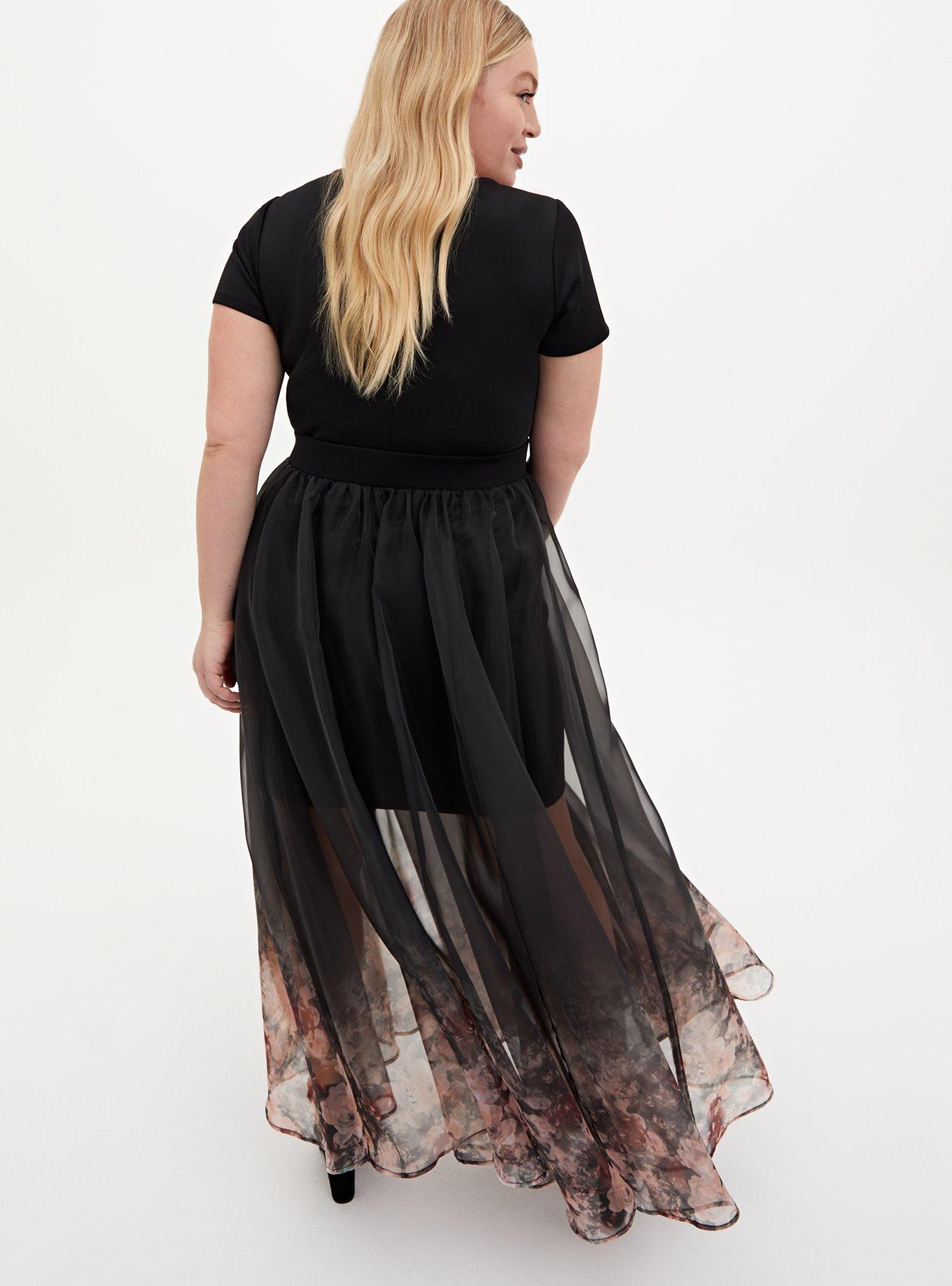 Plus Size Black Floral Scuba Organza Convertible Skater Dress Torrid