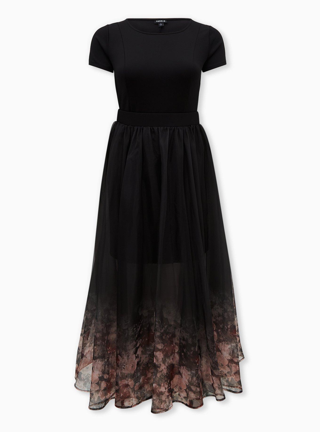 Plus Size Black Floral Scuba Organza Convertible Skater Dress Torrid