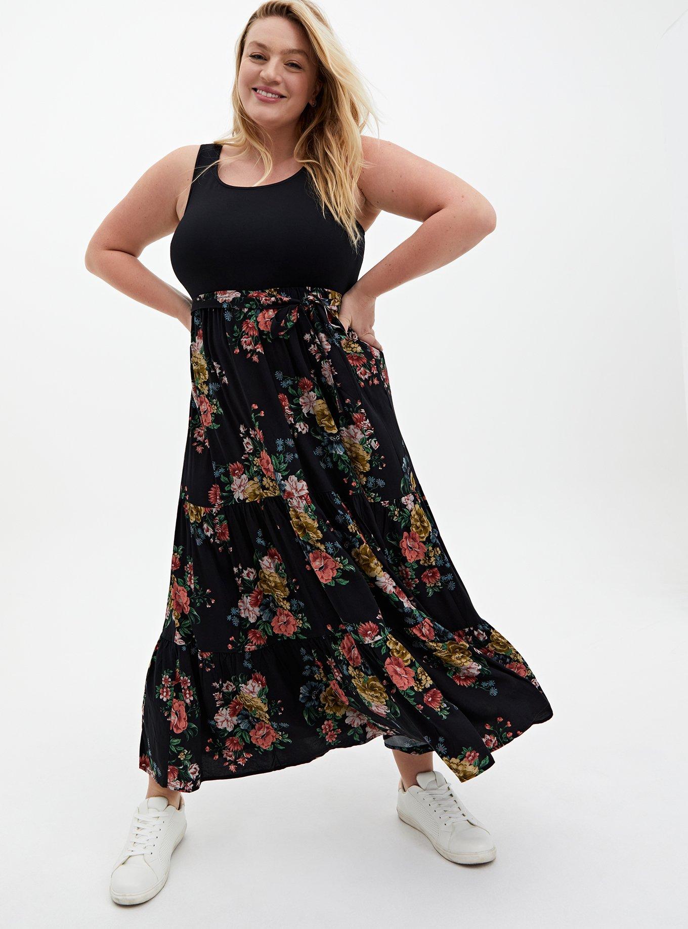 Plus Size Maxi Studio Luxe Ponte Dress, FLORAL BLACK, hi-res