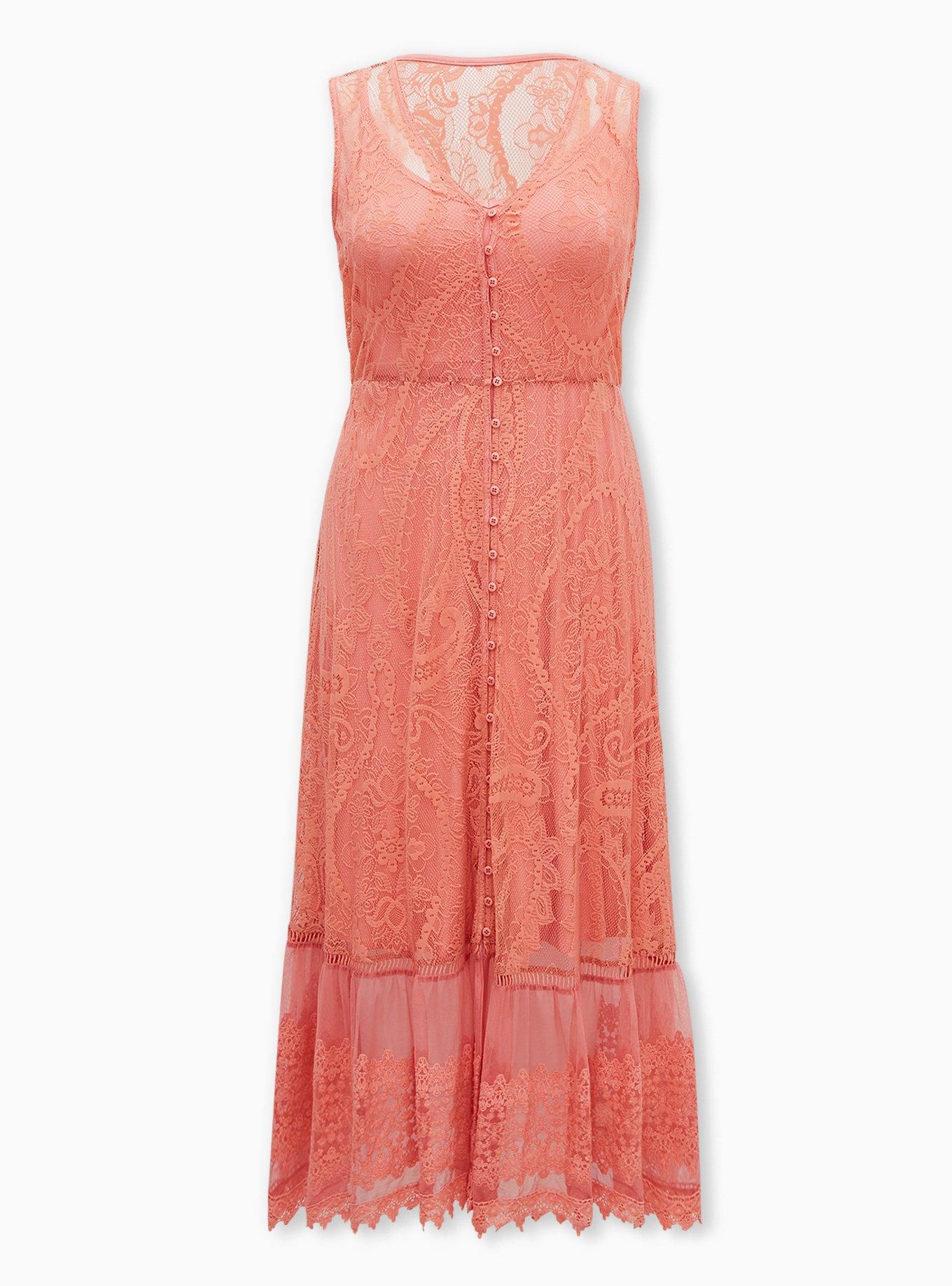 Coral Lace Button Front Maxi Skater Dress, , hi-res