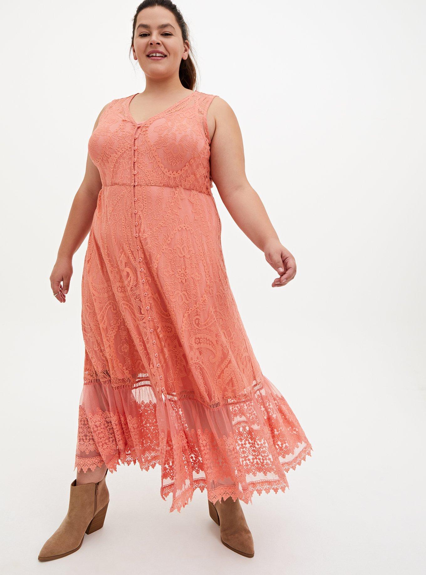 Coral short sleeve, plus size flowy dress with a tie front. 95% rayon and  5% spandex. Sold in packs of six - two 1X, two 2X, and two two 3X., 732984