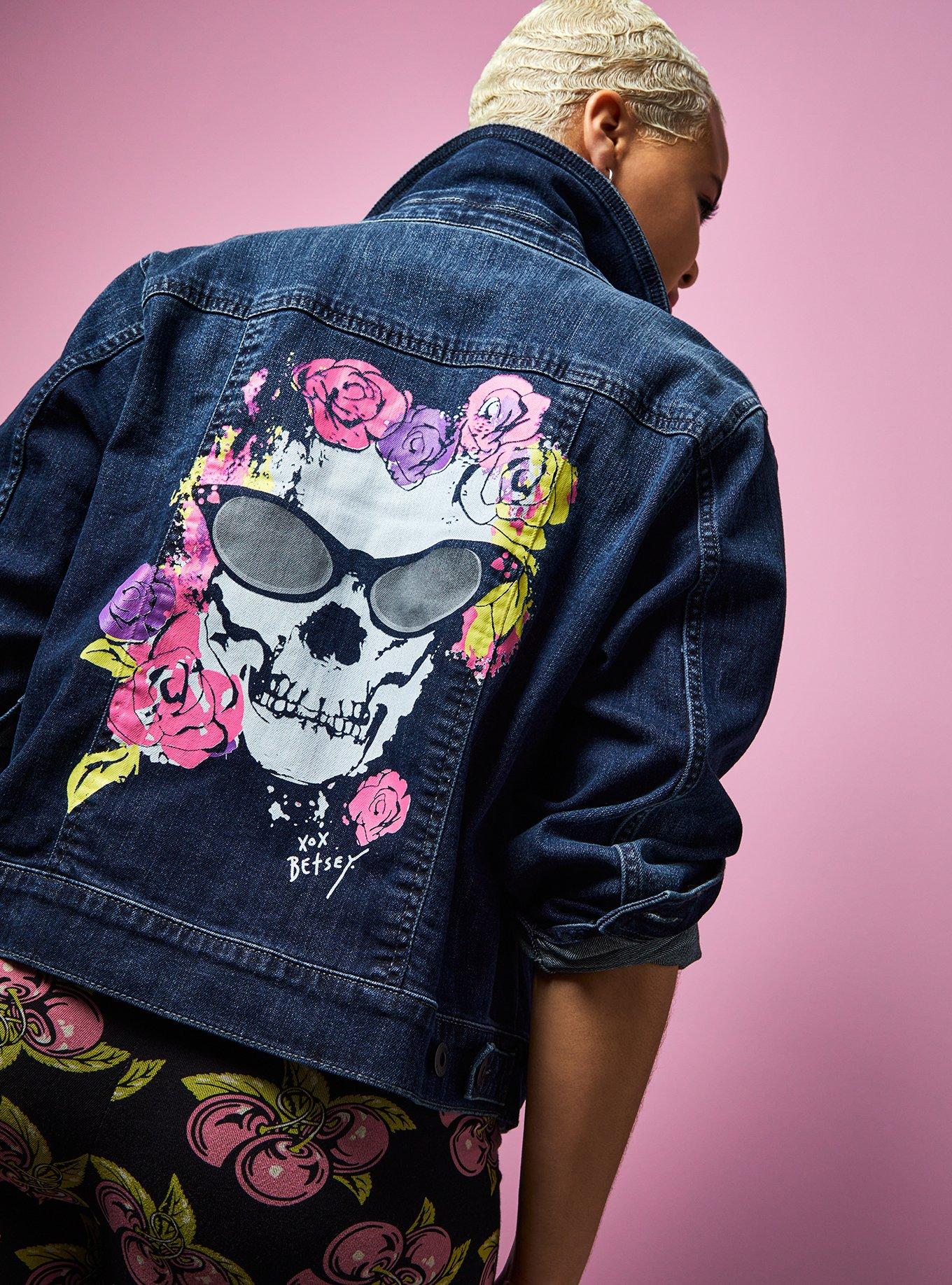 Plus Size - Betsey Johnson Skull Denim Trucker Jacket - Dark Wash - Torrid