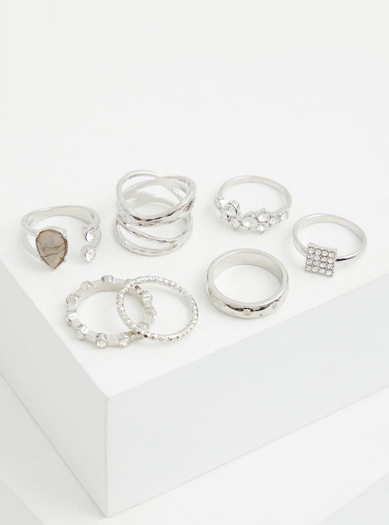 Silver-Tone Grey Stone Ring Set - Set of 7, GOLD, alternate