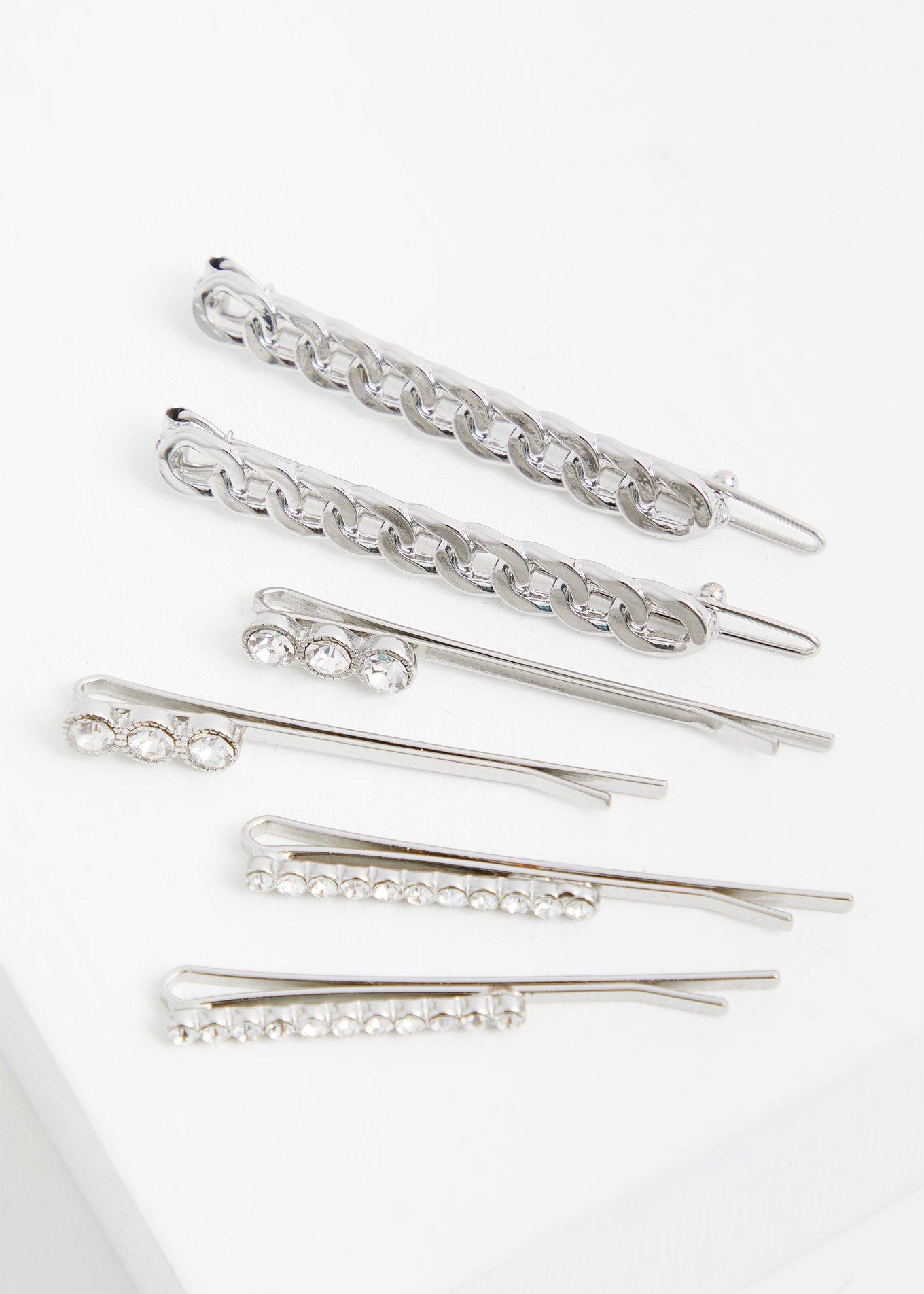 Silver-Tone Link & Rhinestone Hair Pins Set - Set of 3, , alternate