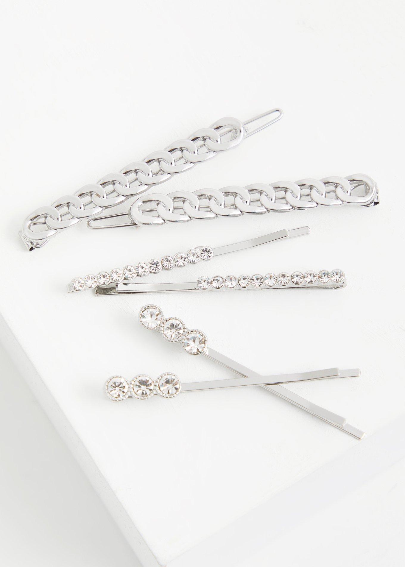 Silver-Tone Link & Rhinestone Hair Pins Set - Set of 3, , hi-res