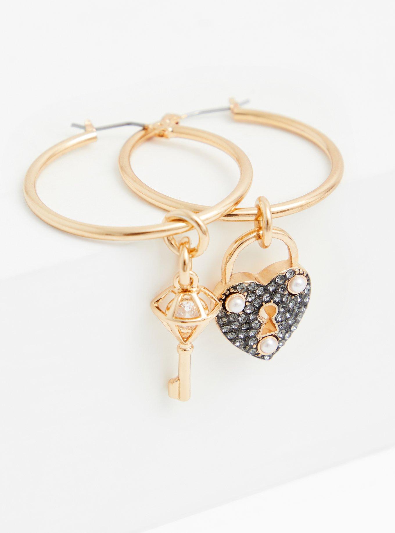 Plus Size Betsey Johnson Gold-Tone Heart Lock & Key Charm Hoop Earrings, , alternate