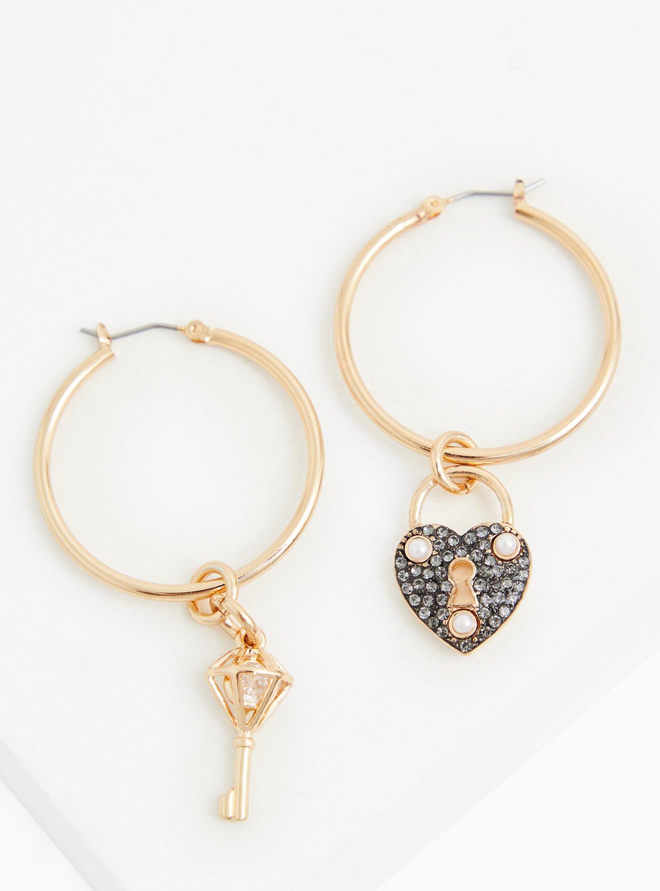 Plus Size Betsey Johnson Gold-Tone Heart Lock & Key Charm Hoop Earrings, , alternate