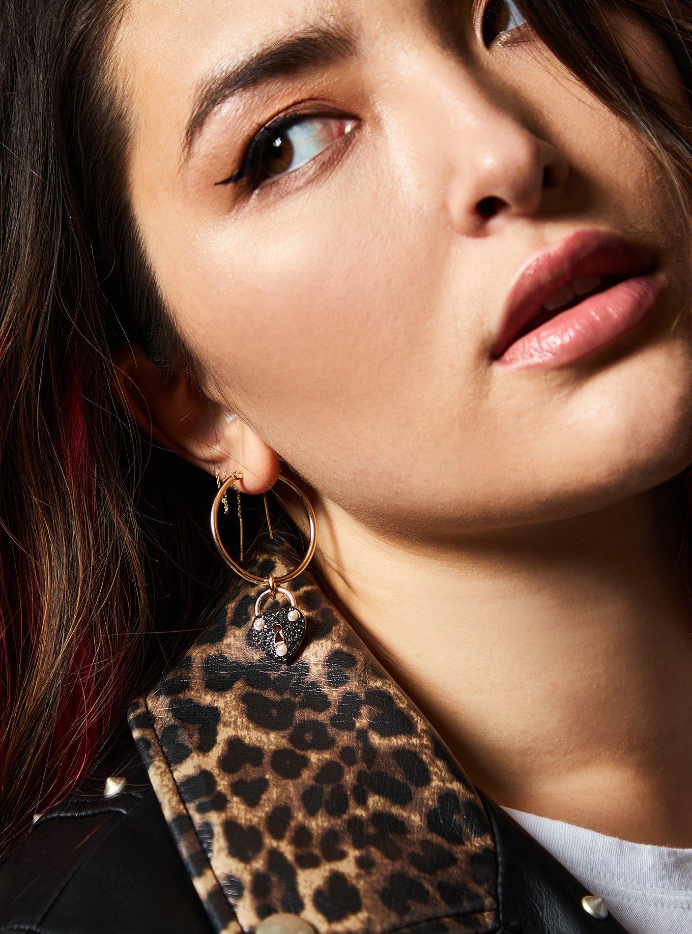 Plus Size Betsey Johnson Gold-Tone Heart Lock & Key Charm Hoop Earrings, , hi-res