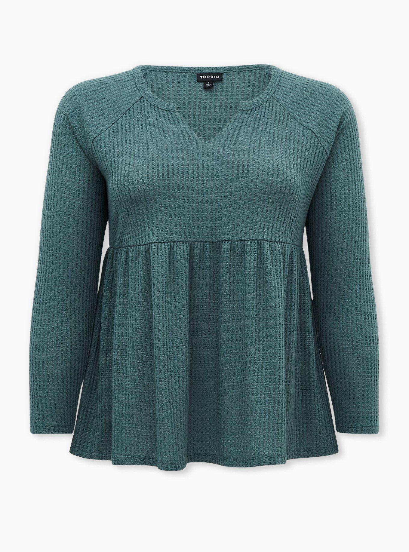 Babydoll Waffle V-Neck Notch Neck Raglan Top, DEEP BLACK, hi-res