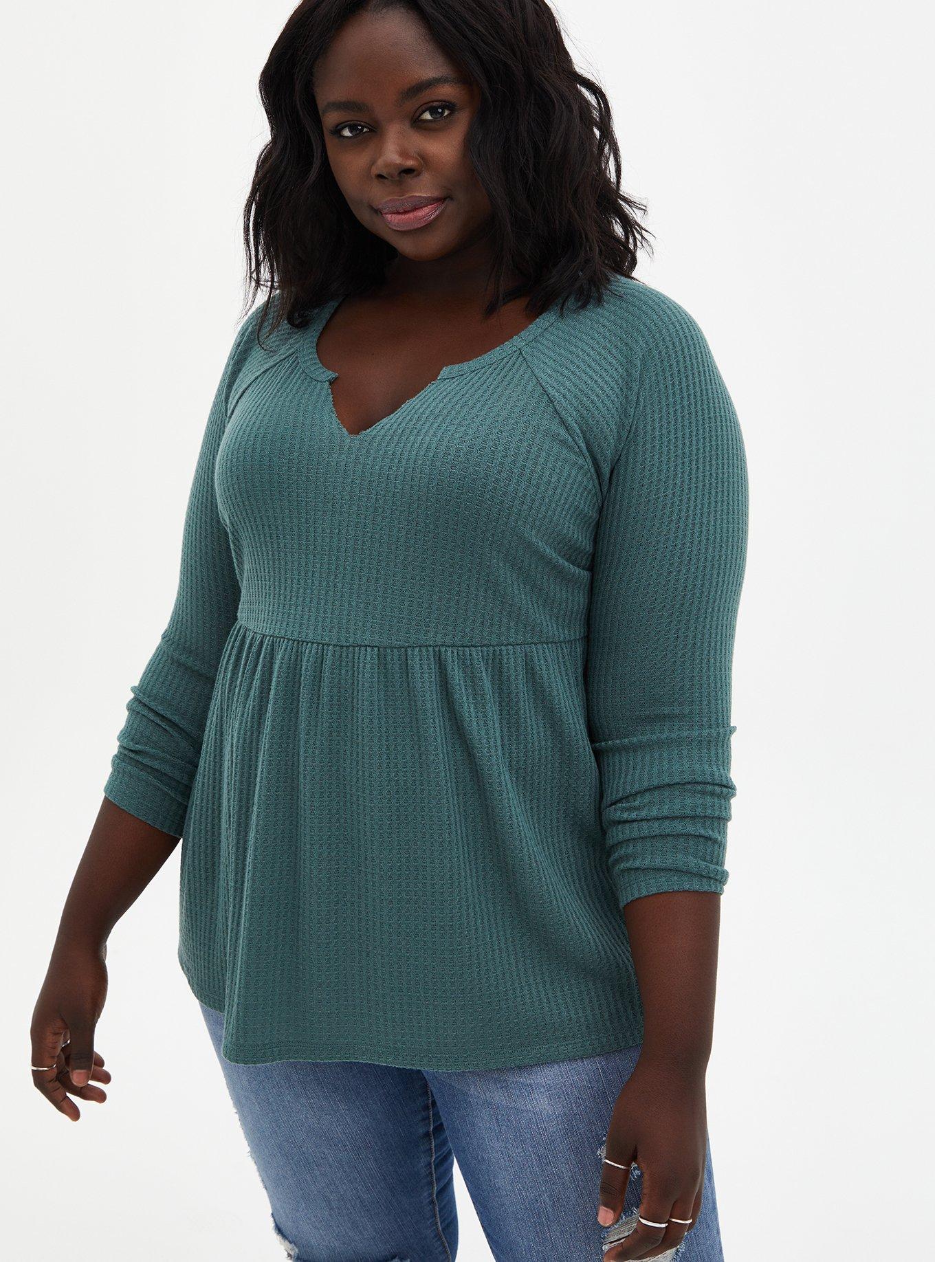 Babydoll Waffle V-Neck Notch Neck Raglan Top, DEEP BLACK, hi-res