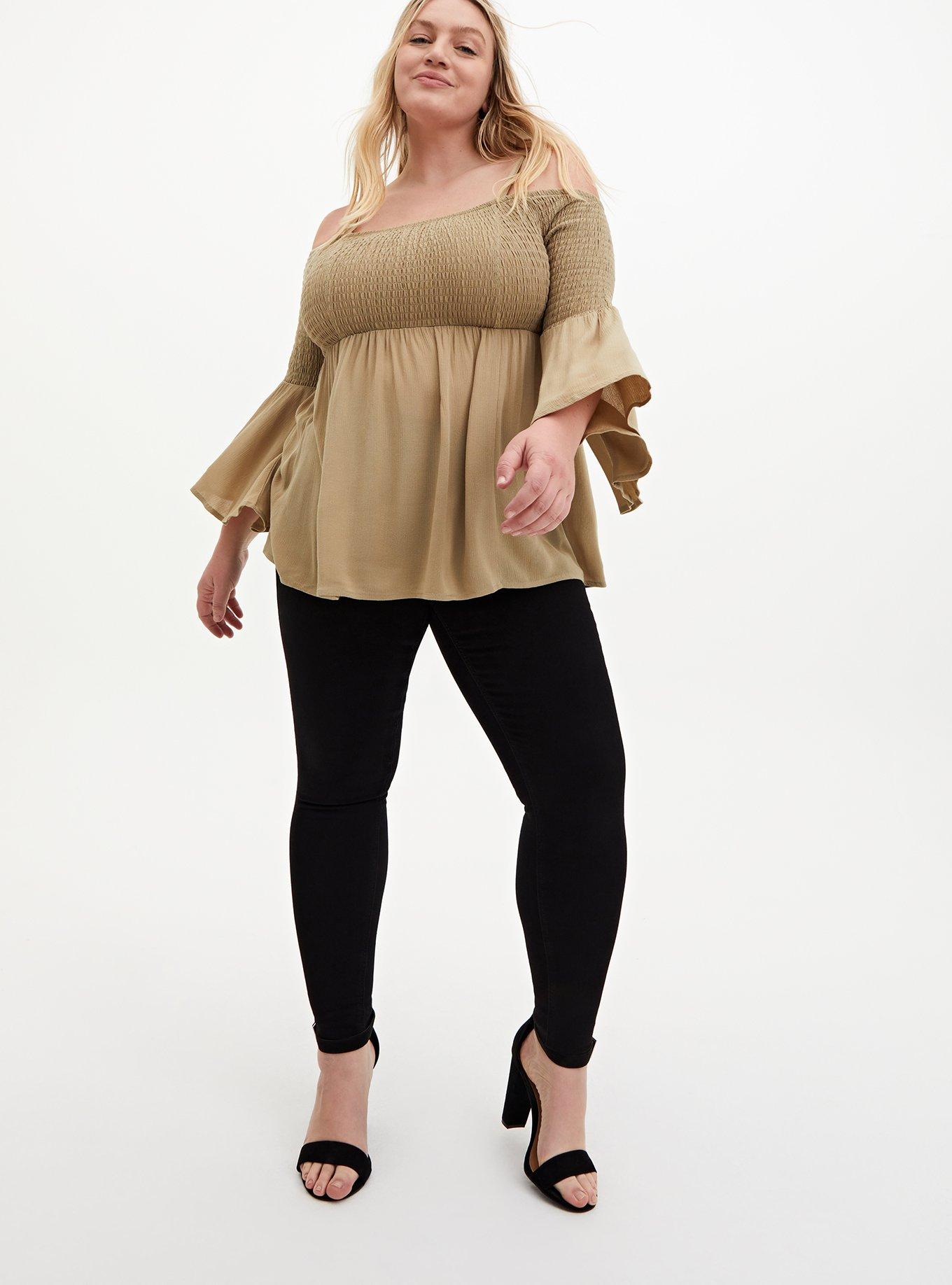Plus Size Babydoll Crinkle Gauze Smocked Cold Shoulder Top, OLIVE, alternate