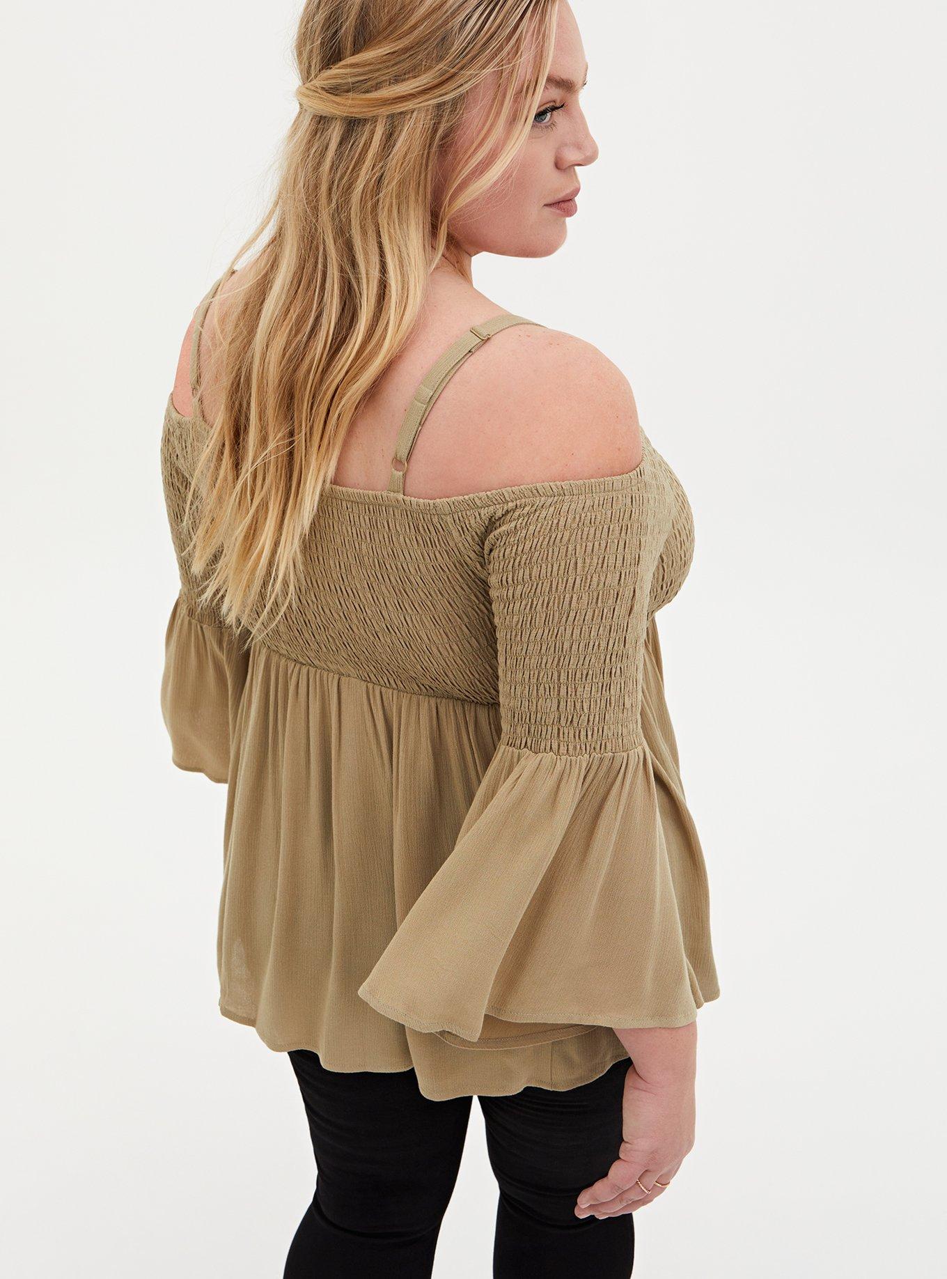 Plus Size Babydoll Crinkle Gauze Smocked Cold Shoulder Top, OLIVE, alternate
