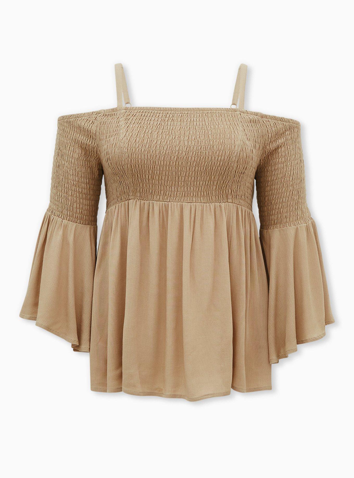 Plus Size Babydoll Crinkle Gauze Smocked Cold Shoulder Top, OLIVE, hi-res