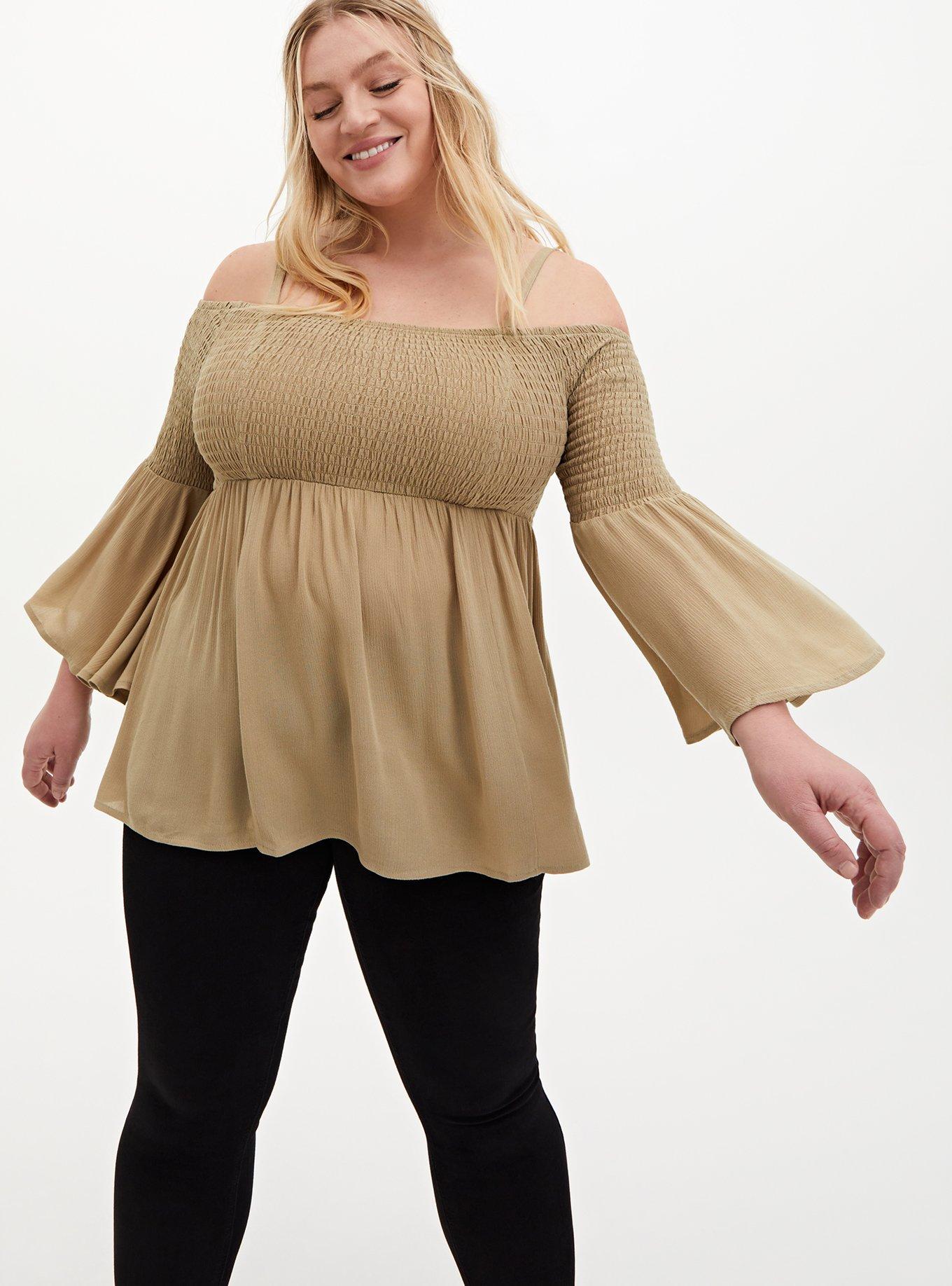 Plus Size Babydoll Crinkle Gauze Smocked Cold Shoulder Top, OLIVE, hi-res