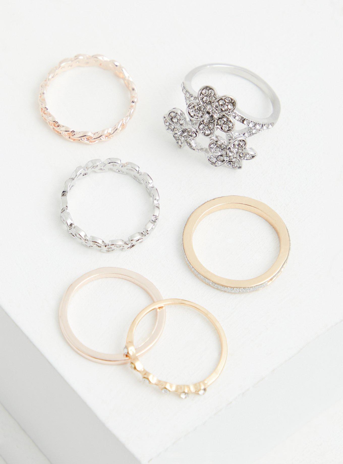 Plus Size - Mixed Metal Floral Stone Ring Set - Set of 6 - Torrid