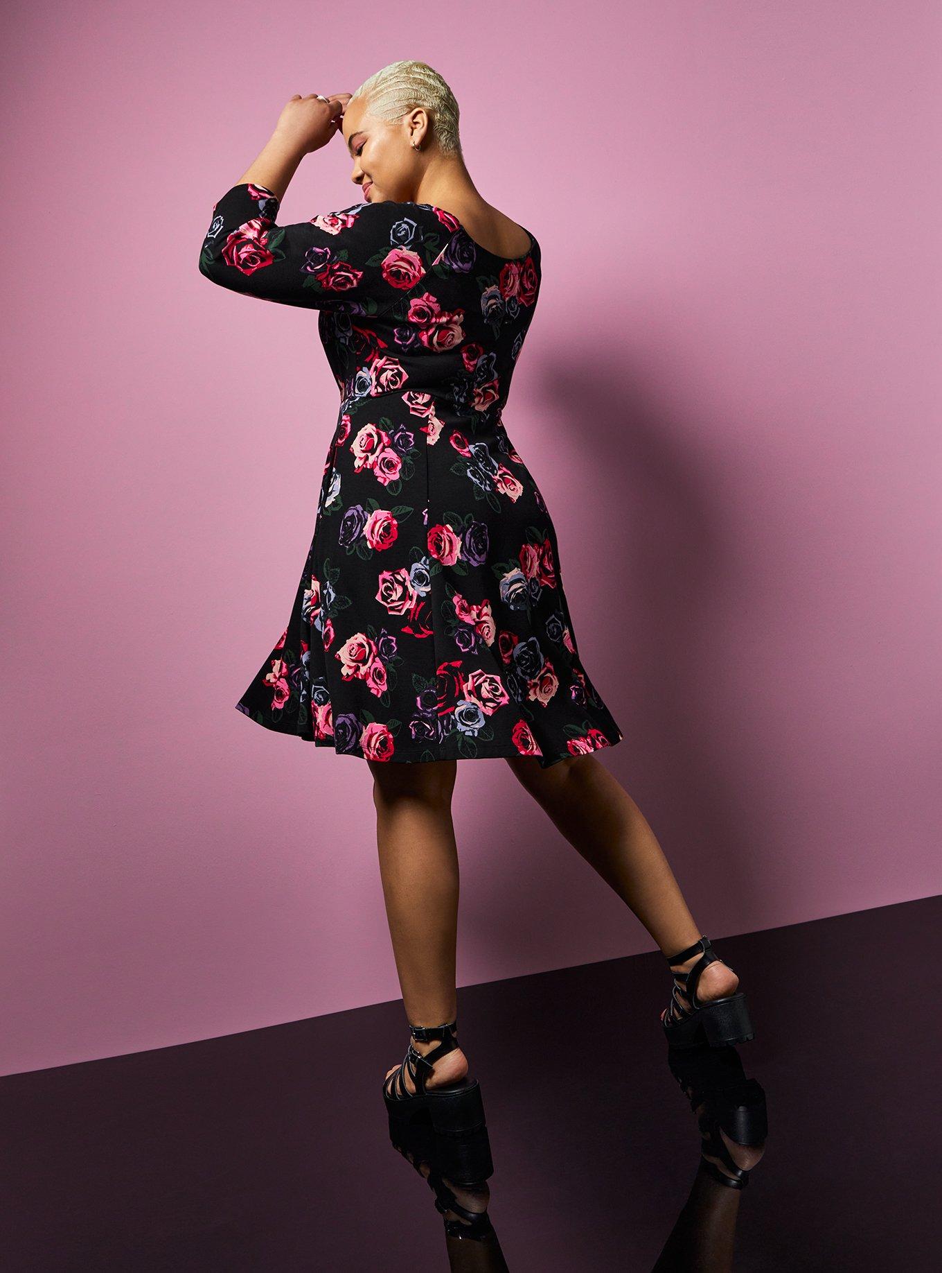 Plus Size - Betsey Johnson Black Floral Ponte Mini Skater Dress - Torrid