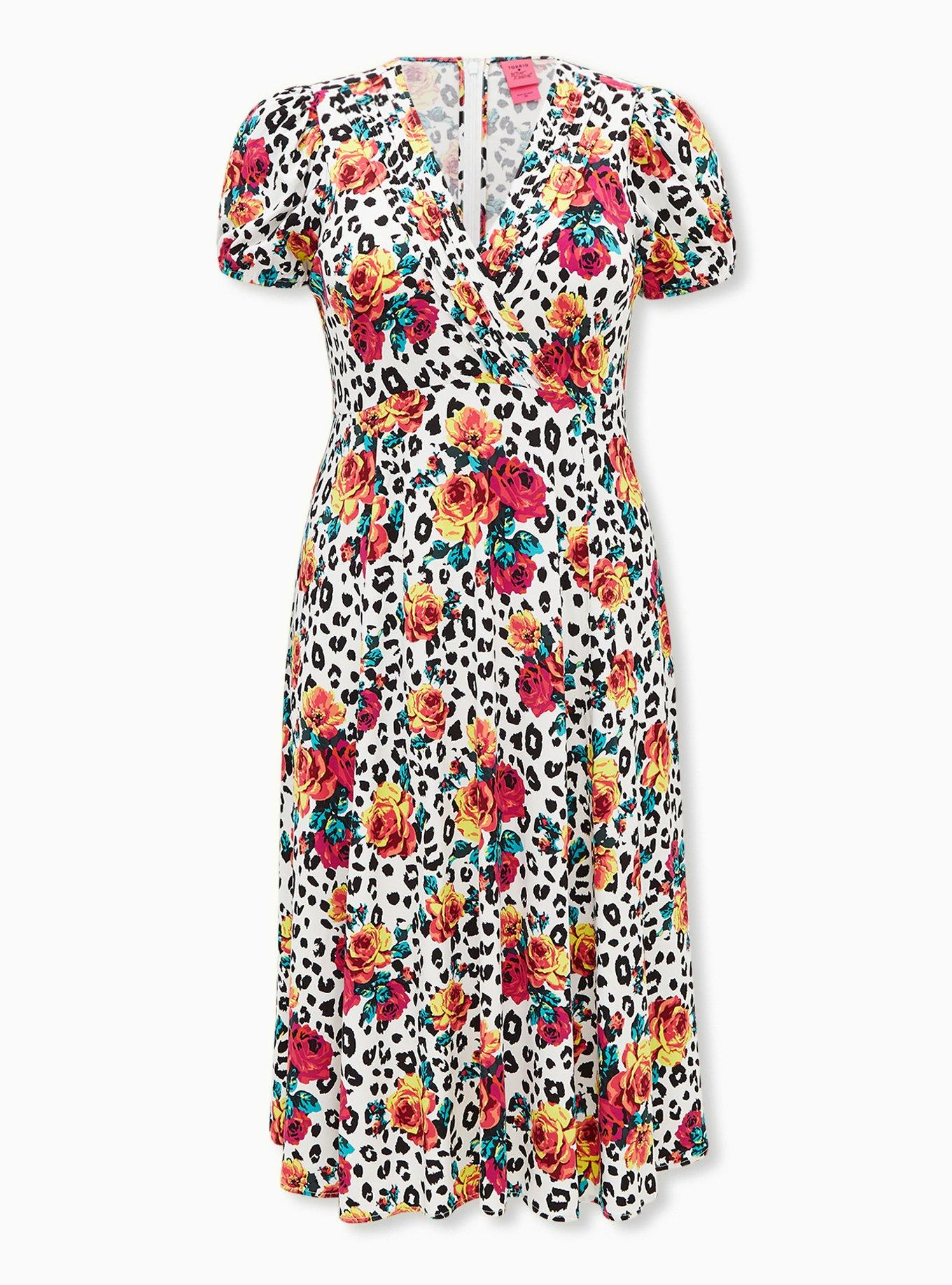 Plus Size - Betsey Johnson White Leopard Floral Challis Fit & Flare Midi  Dress - Torrid