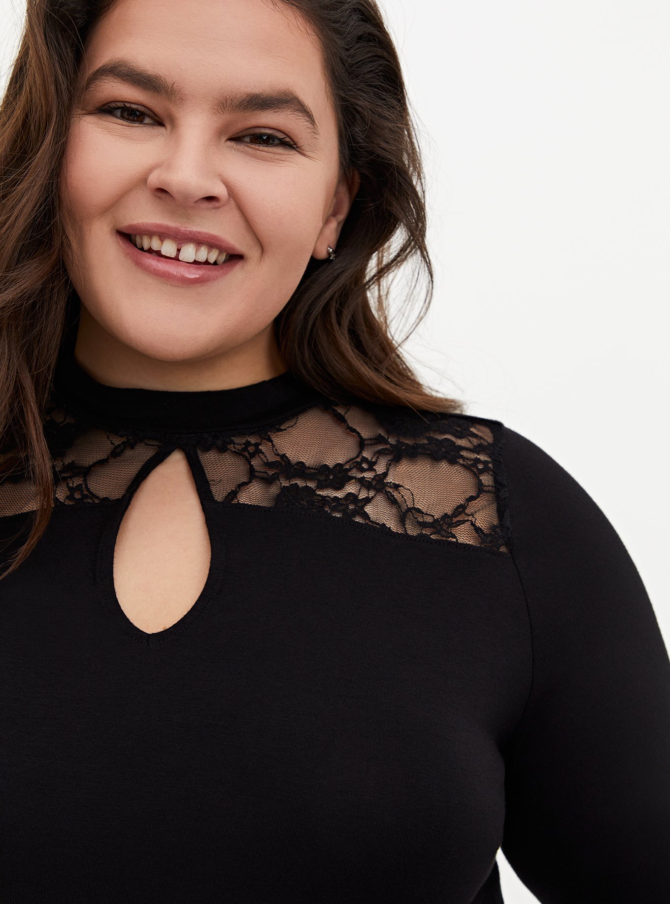 Plus Size - Super Soft Mock Neck Lace Yoke Keyhole Top - Torrid