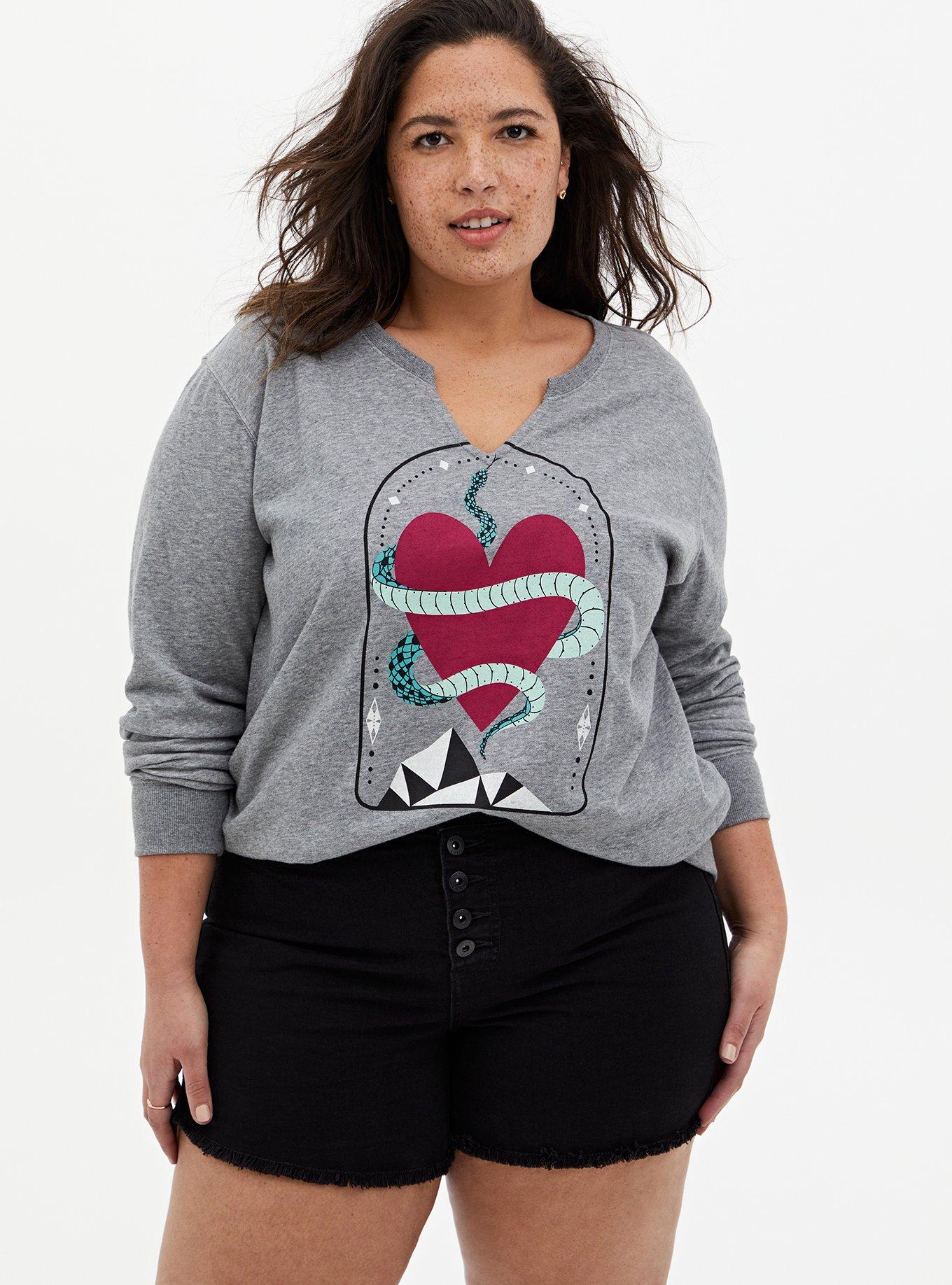 Plus Size - Snake Heart Grey Terry Split Neck Sweatshirt - Torrid